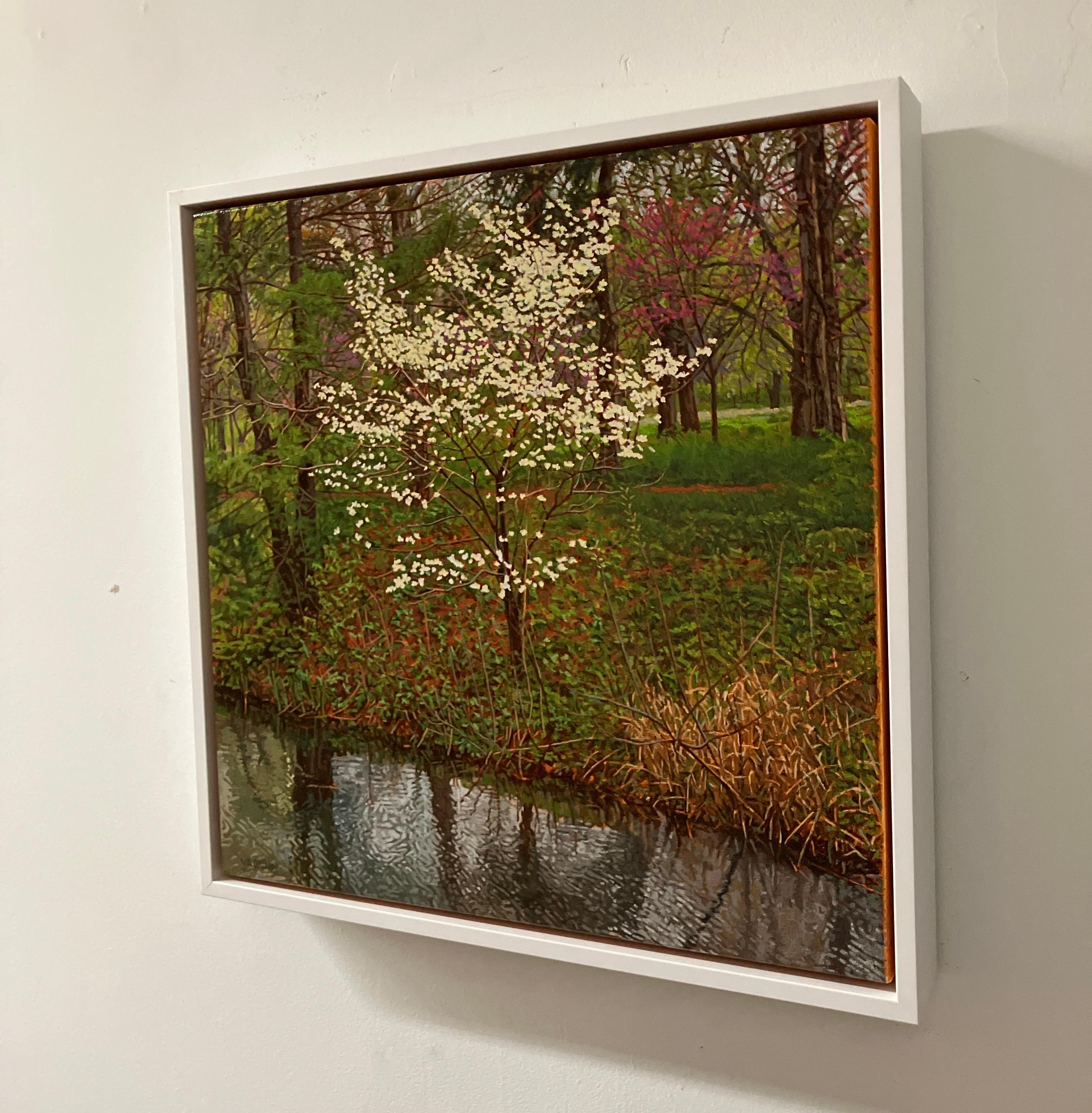 Fotorealistisches Ölgemälde auf Leinwand, gerahmt, Vorfrühling, Hartriegelbaum im Angebot 1