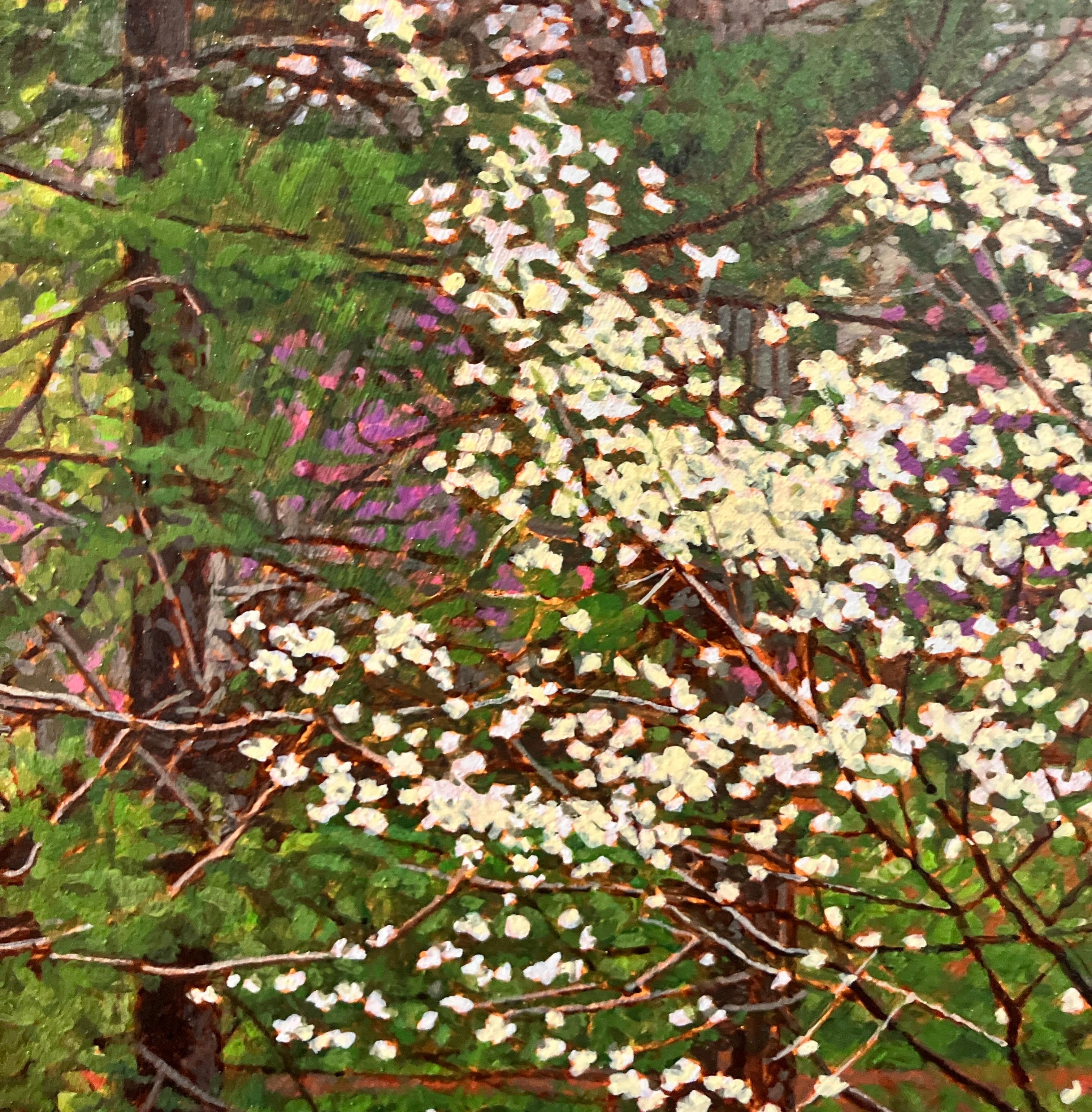 Fotorealistisches Ölgemälde auf Leinwand, gerahmt, Vorfrühling, Hartriegelbaum im Angebot 4