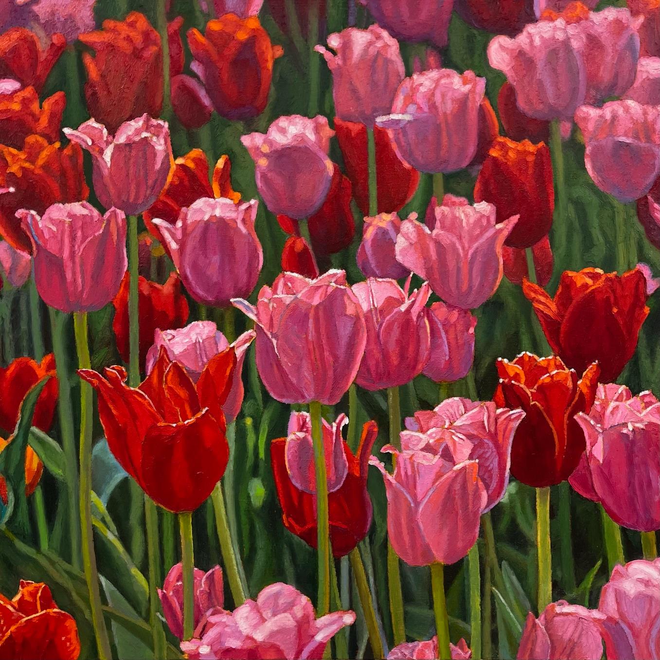 Jeffrey Vaughn Landscape Painting – Rosa und rote Tulpen