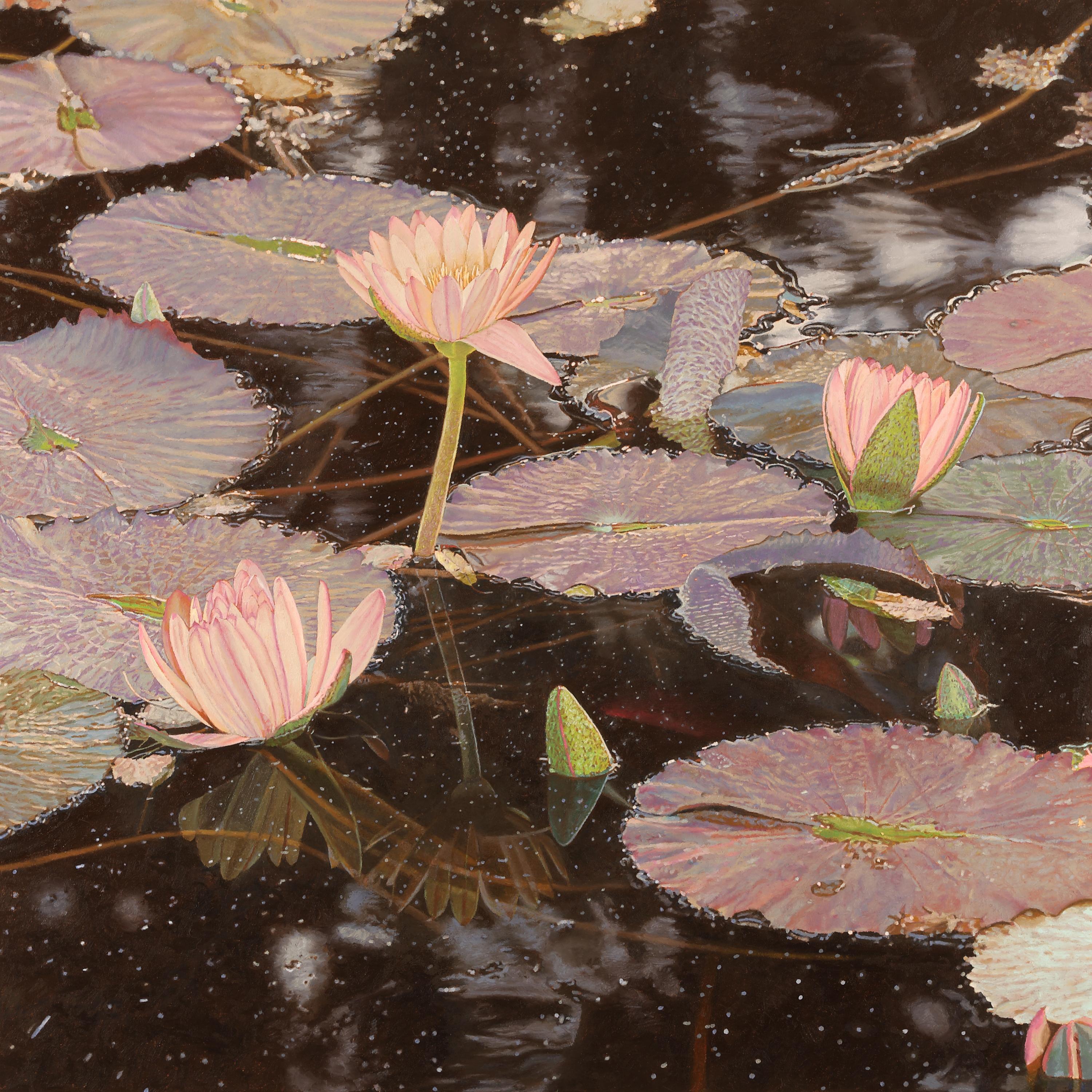 Landscape Painting de Jeffrey Vaughn - "Lirios de agua en otoño", Pintura al óleo fotorrealista sobre lienzo, enmarcada en pino