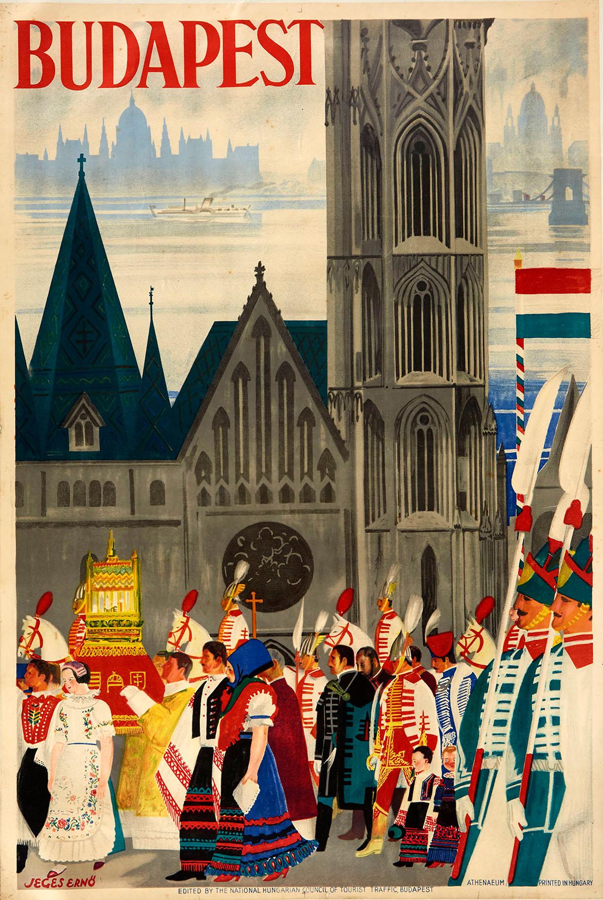 Jeges Erno Print - Original Vintage Poster Budapest Festival Hungary Travel Art Church Danube River