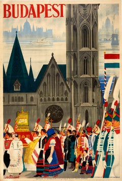 Affiche vintage originale:: Festival de Budapest:: Hongrie:: Voyage:: église:: rivière Danube