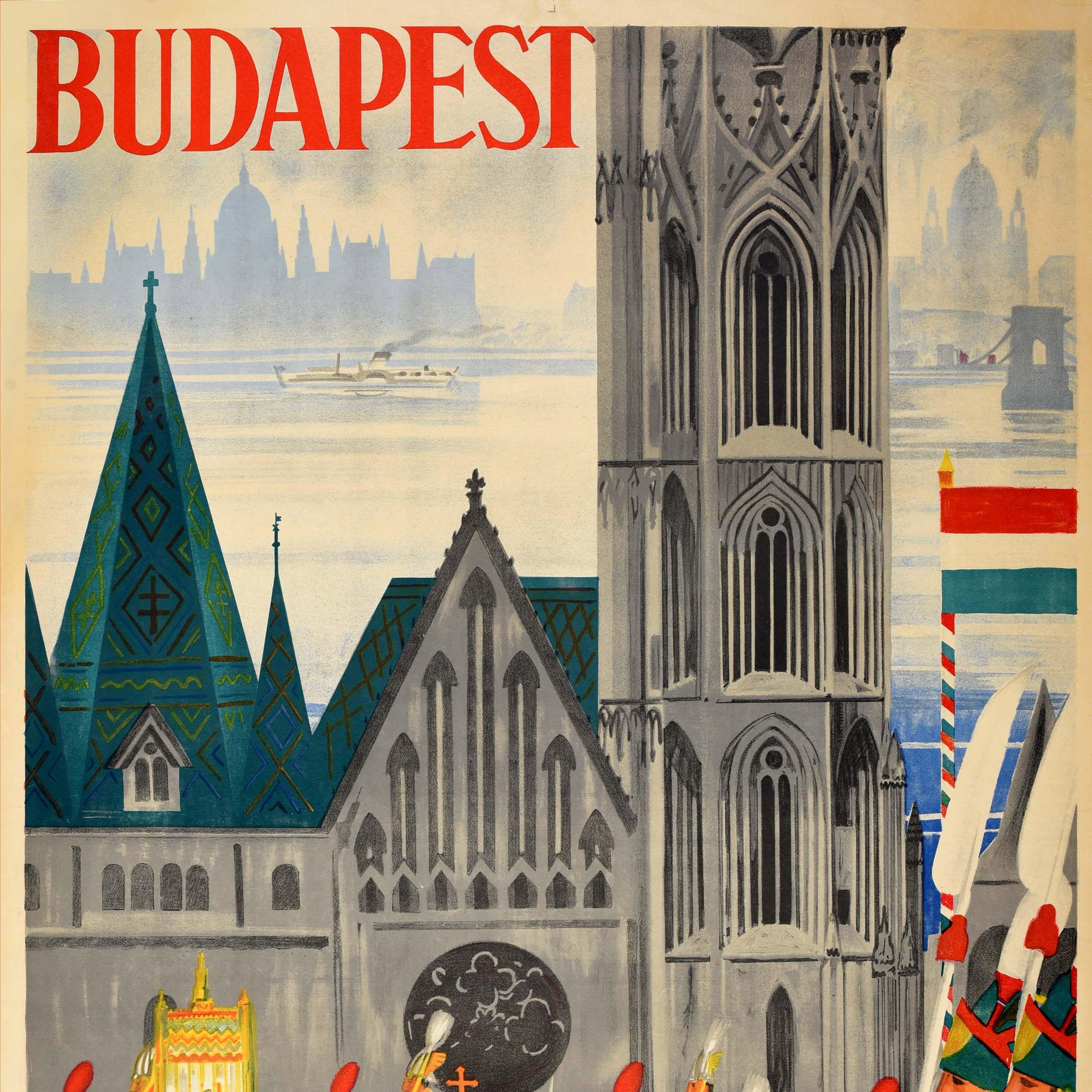 Affiche rétro originale de voyage Budapest, Festival Art déco, Hungary, Dessin d'église - Beige Print par Jeges Erno