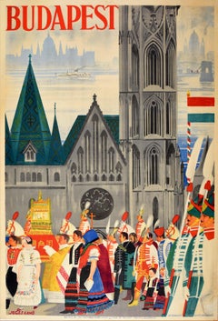 Affiche rétro originale de voyage Budapest, Festival Art déco, Hungary, Dessin d'église