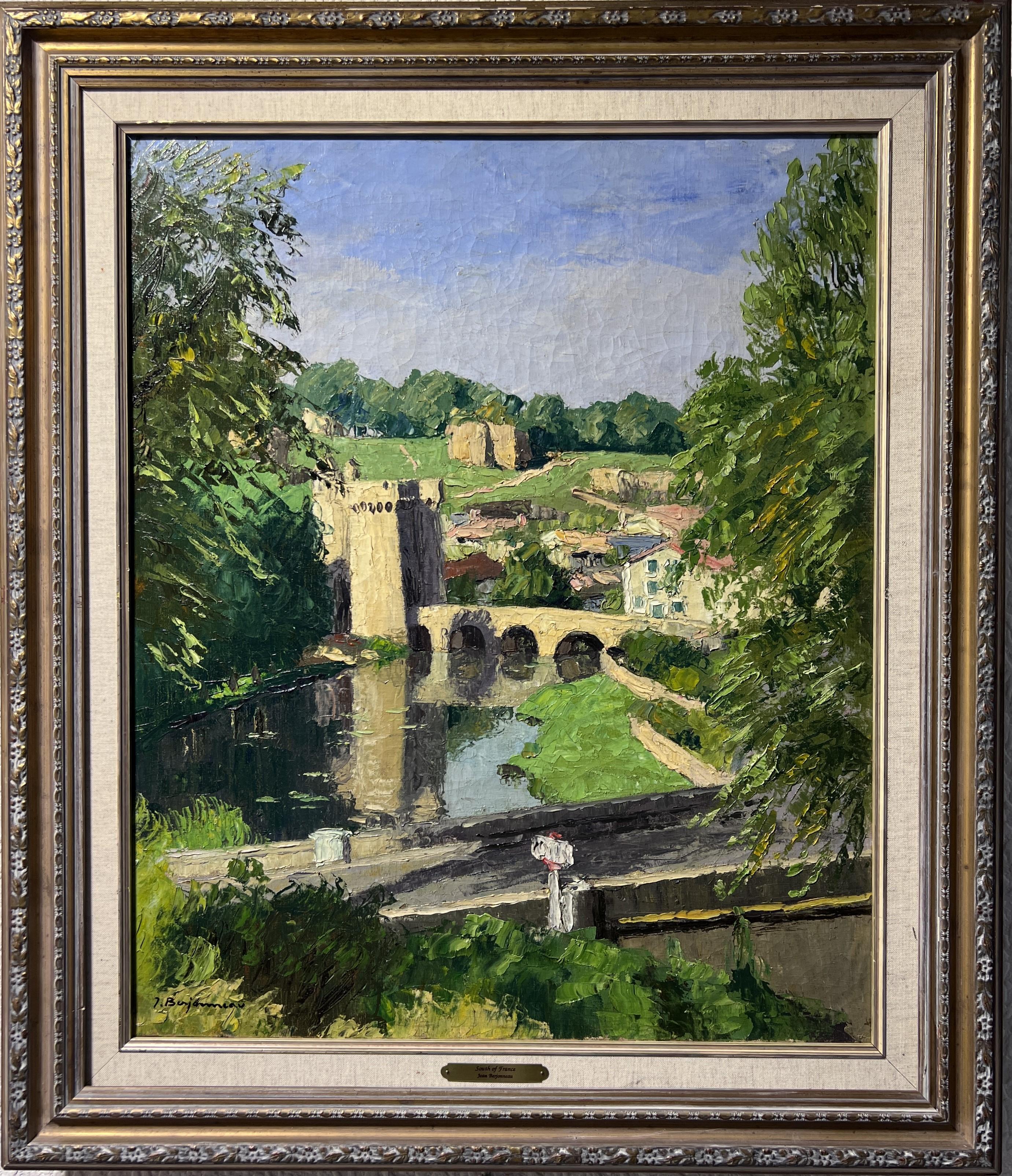 Up for sale is this original antique oil painting on canvas depicting a beautiful landscape titled "South of France". 

Signed in the lower-left corner by well-known French Artist Jehan Berjonneau.
Nicely framed. The nameplate is in the middle