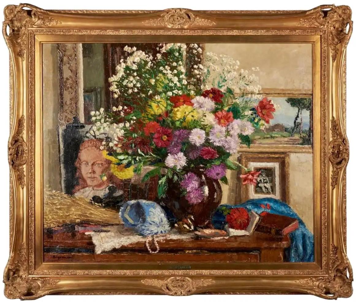 Jehan Berjonneau Still-Life Painting – Stillleben mit Blumen und Kunst