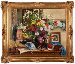 Antique Still Life of Flowers and Art