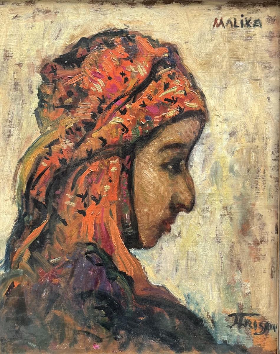 Portrait Painting Jehan Frison - Portrait fauviste belge de Malika, au Maroc, vers 1926, huile sur panneau