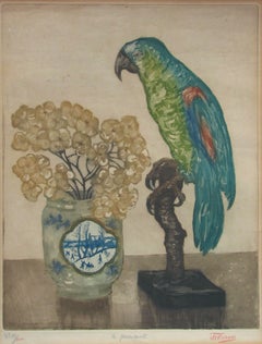 Le Perroquet, signed aquatint, parrot bird still life by Jehan Frison