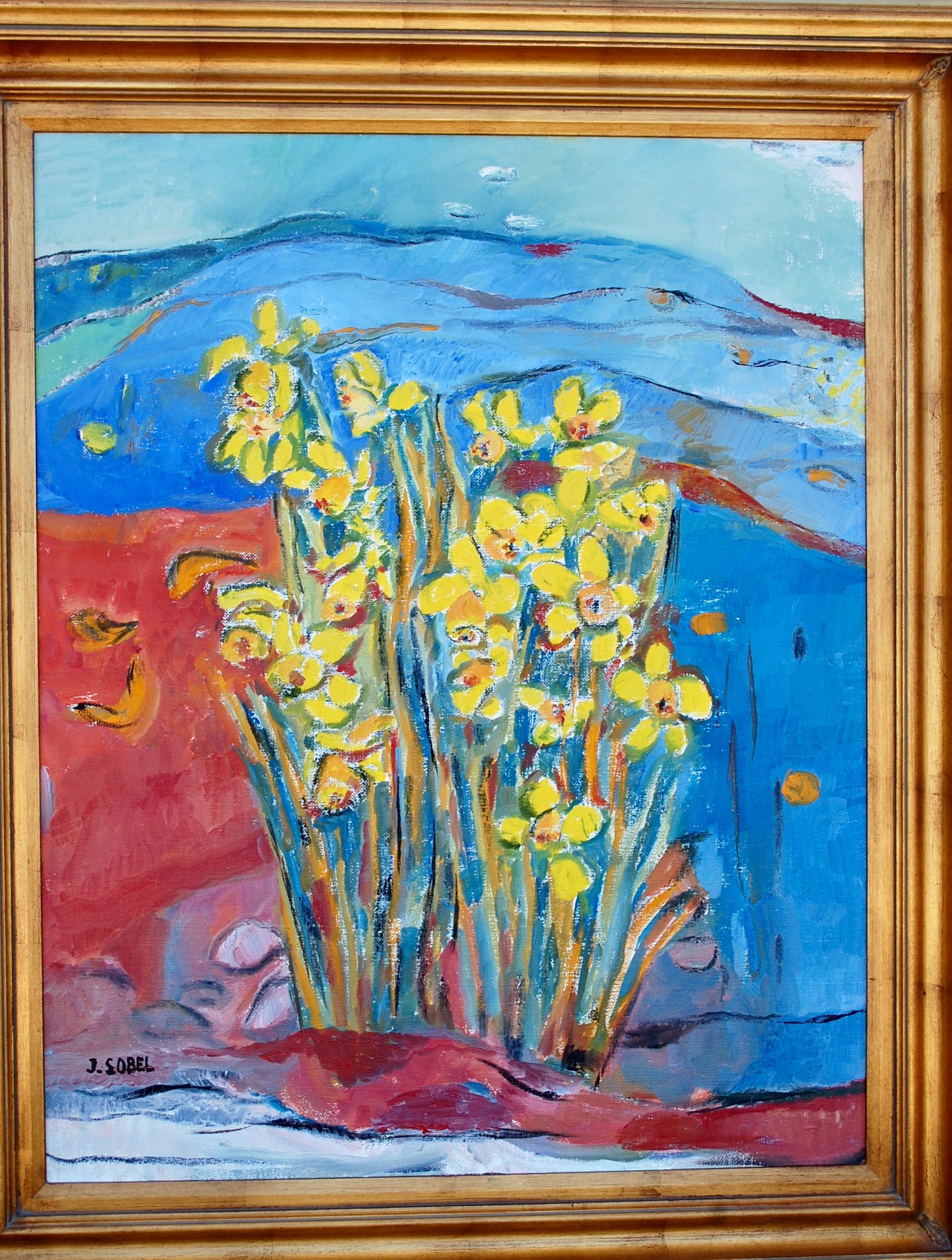  Daffodils In The Landscape - Brown Landscape Painting by Jehudith Sobel