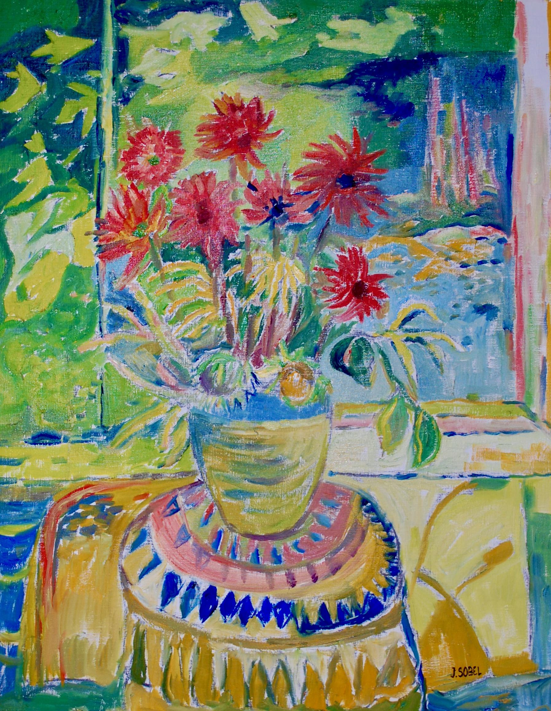 Red Flowers By The Window - Painting by Jehudith Sobel