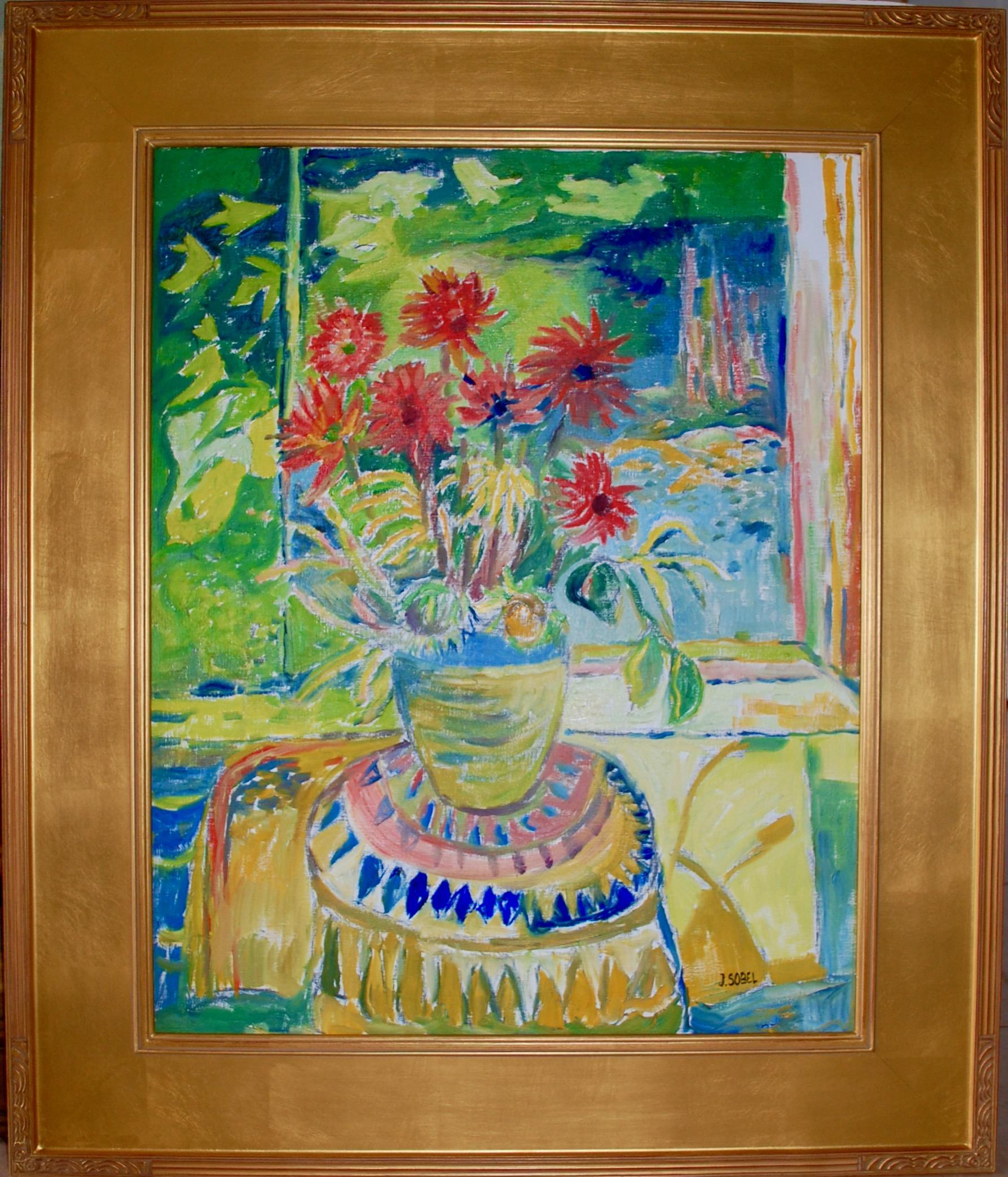 Jehudith Sobel Still-Life Painting – Rote Blumen am The Window