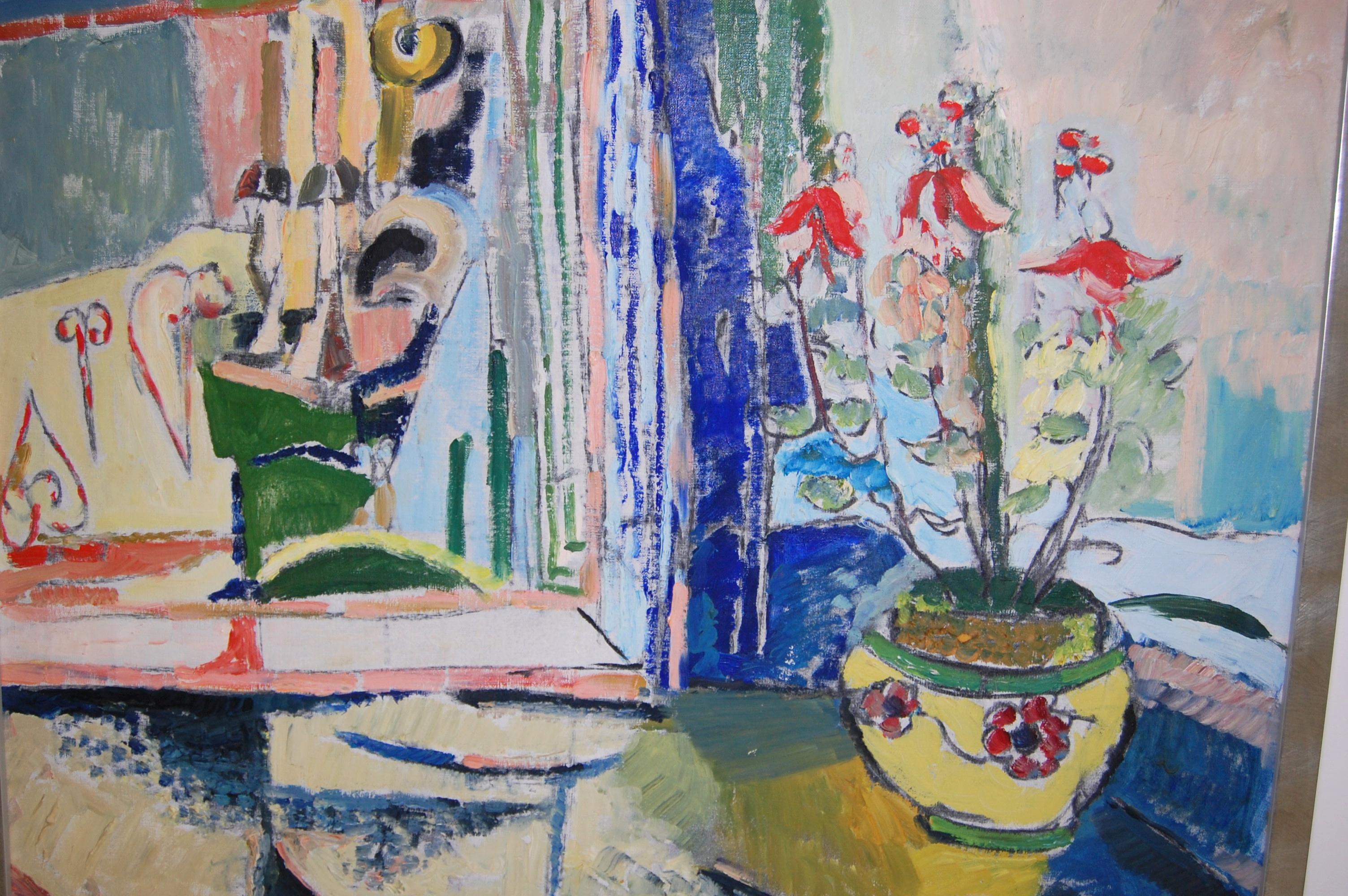 Interior With Flowers On The Table  - Painting by Jehudith Sobel