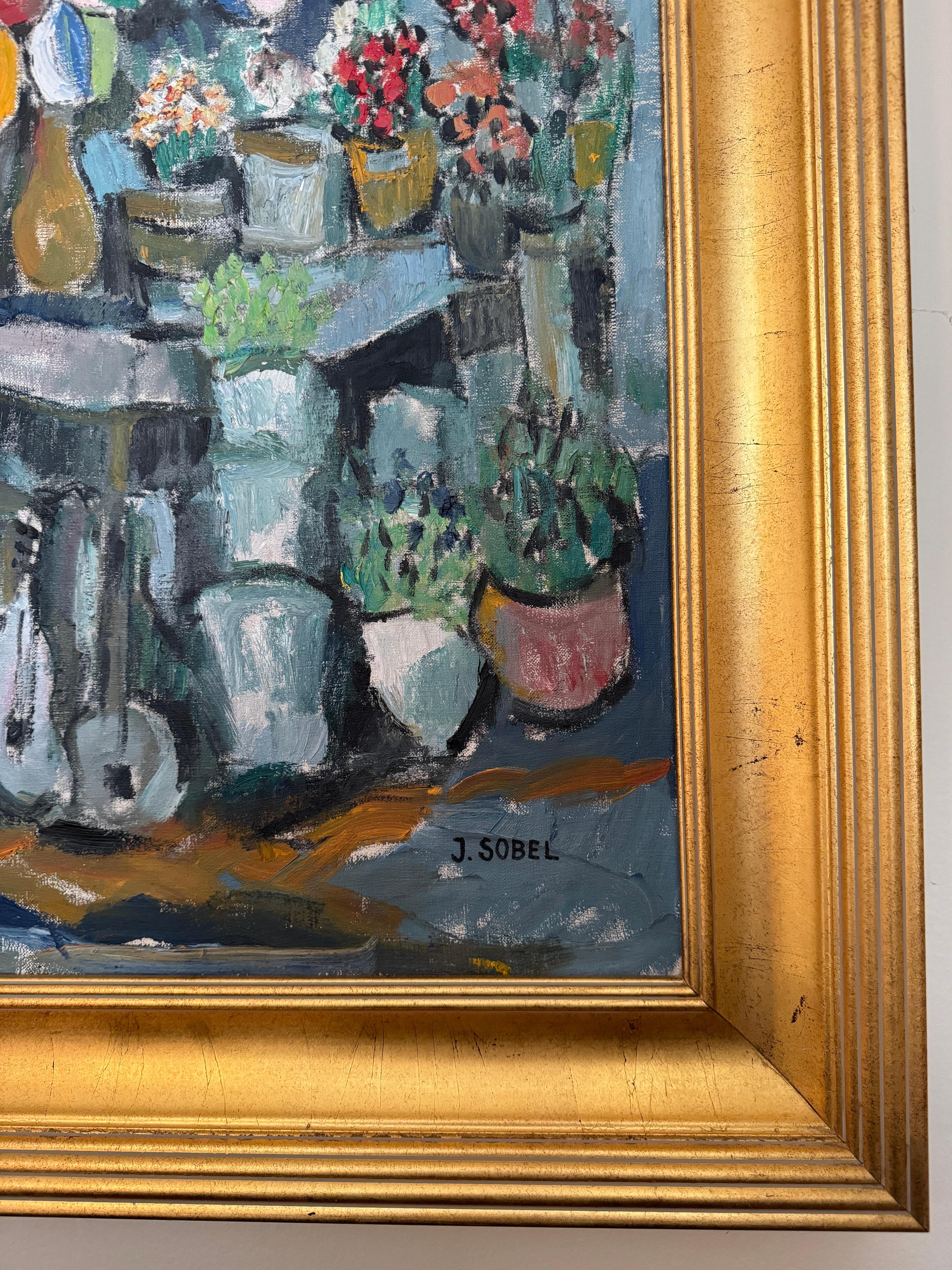 Harlem New York Street Corner Sceane
Canvas size 30hx24w 
Jehudith Sobel was born in Lwow Poland in 1924. After World War II, she attended the Academy of Fine Arts in Lodz, Poland. There she studied with the famous abstract constructionists,