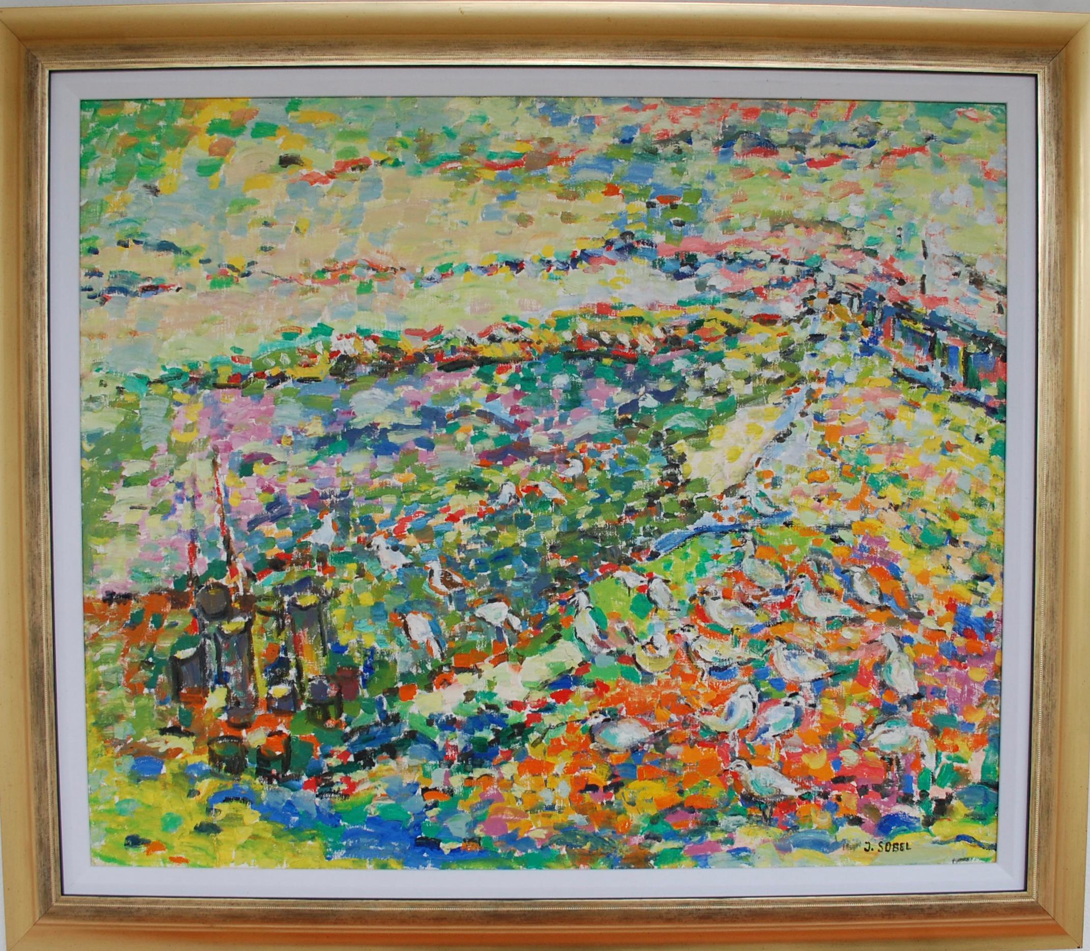 Impressionistisches Ölgemälde auf Leinwand, Seagulls On The Shore  (Abstrakter Impressionismus), Painting, von Jehudith Sobel