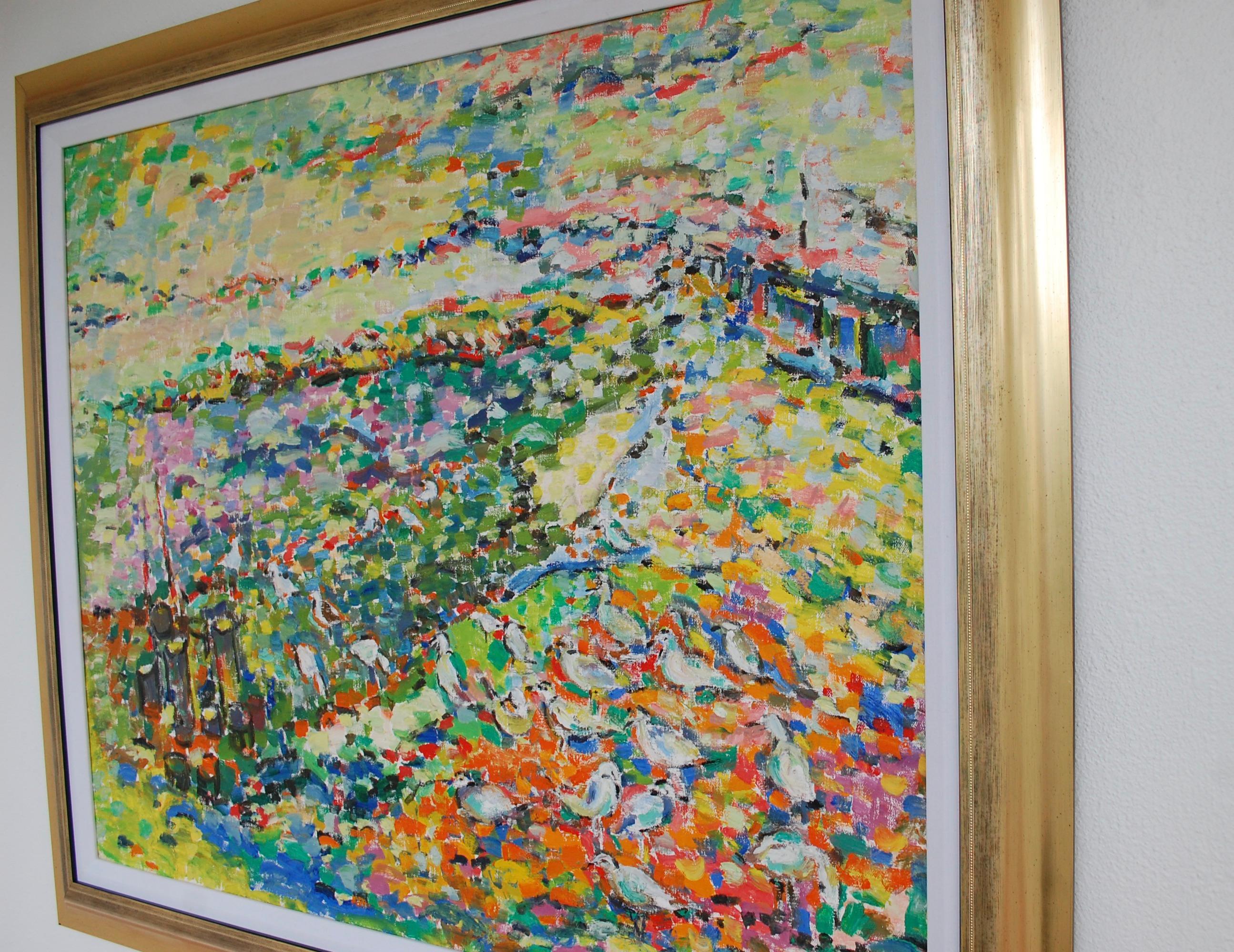 Möwen am Ufer 
Lebendiger abstrakter Impressionist.
Künstler versengt unten rechts.
Judith Sobel wurde 1924 in Lwow in Polen geboren. Nach dem Zweiten Weltkrieg besuchte sie die Akademie der Schönen Künste in Lodz, Polen. Dort studierte sie bei den