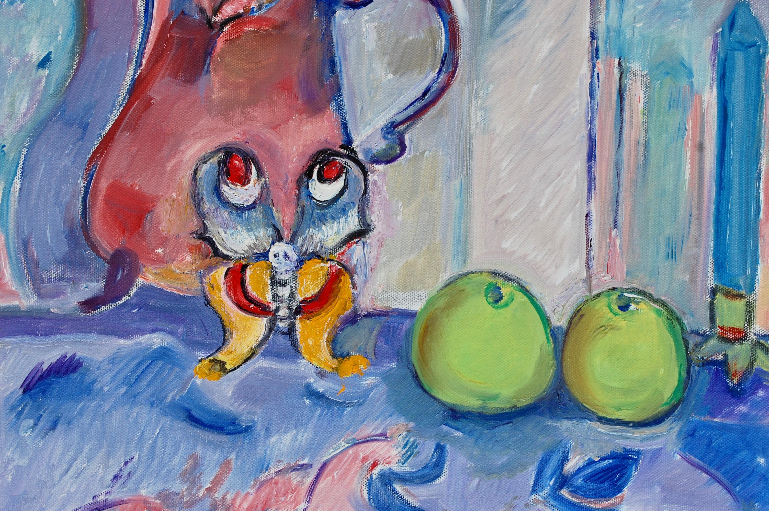 Naturaleza muerta con mariquita y mariposa - Still-Life Painting Gris de Jehudith Sobel