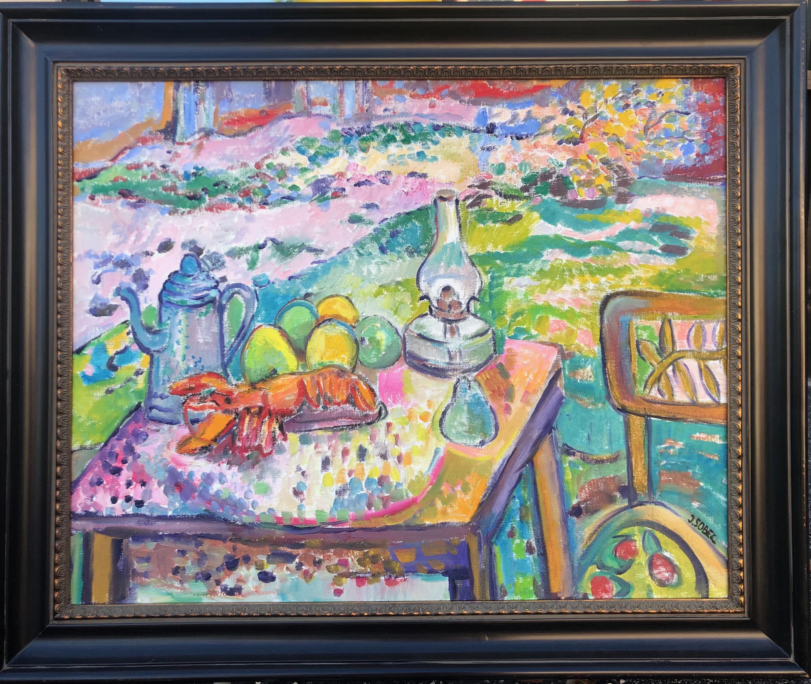 Landscape Painting di Jehudith Sobel - Tavola con frutta e aragosta Natura morta
