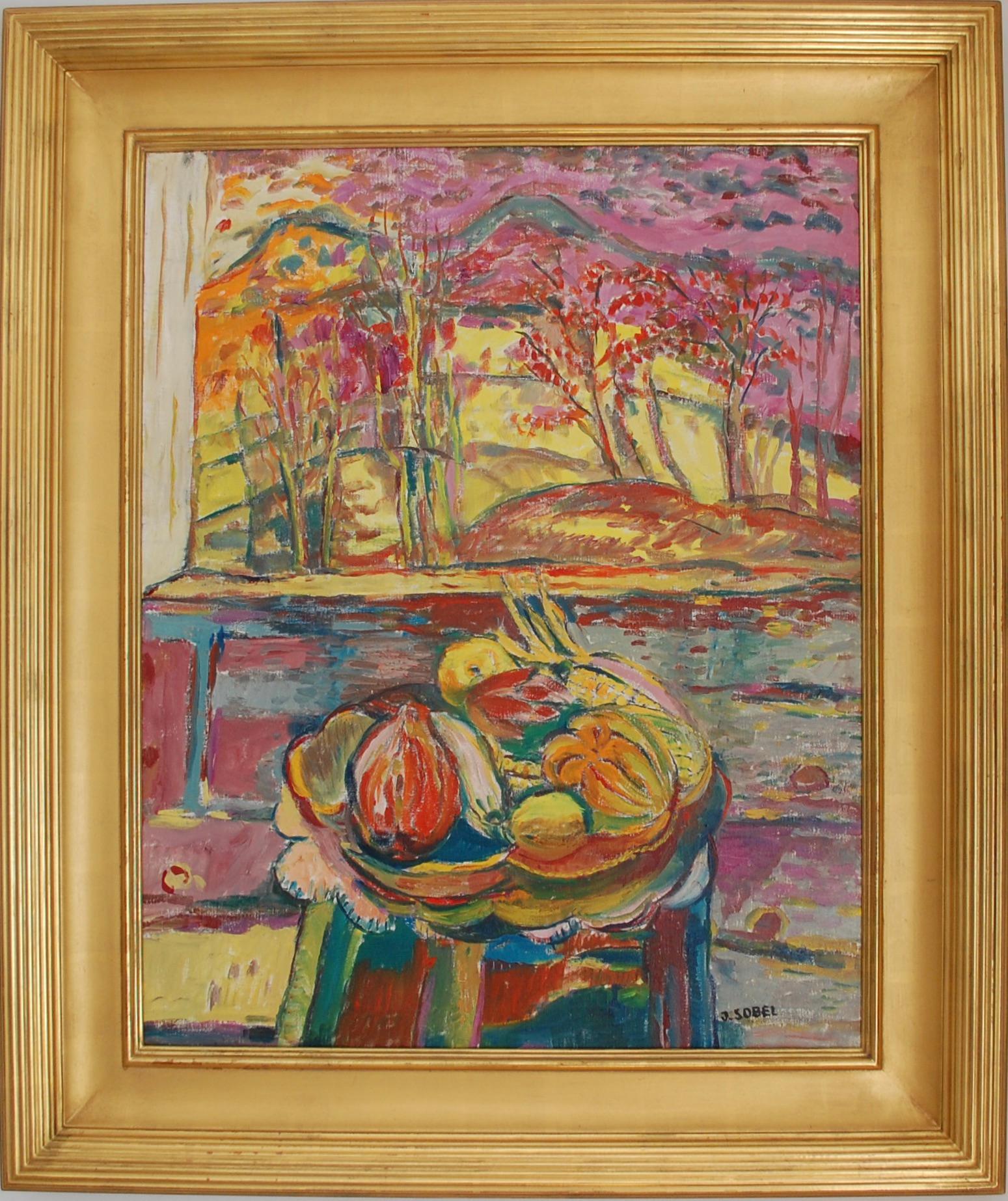 Jehudith Sobel Still-Life Painting – Stillleben mit Obst auf dem Tisch 