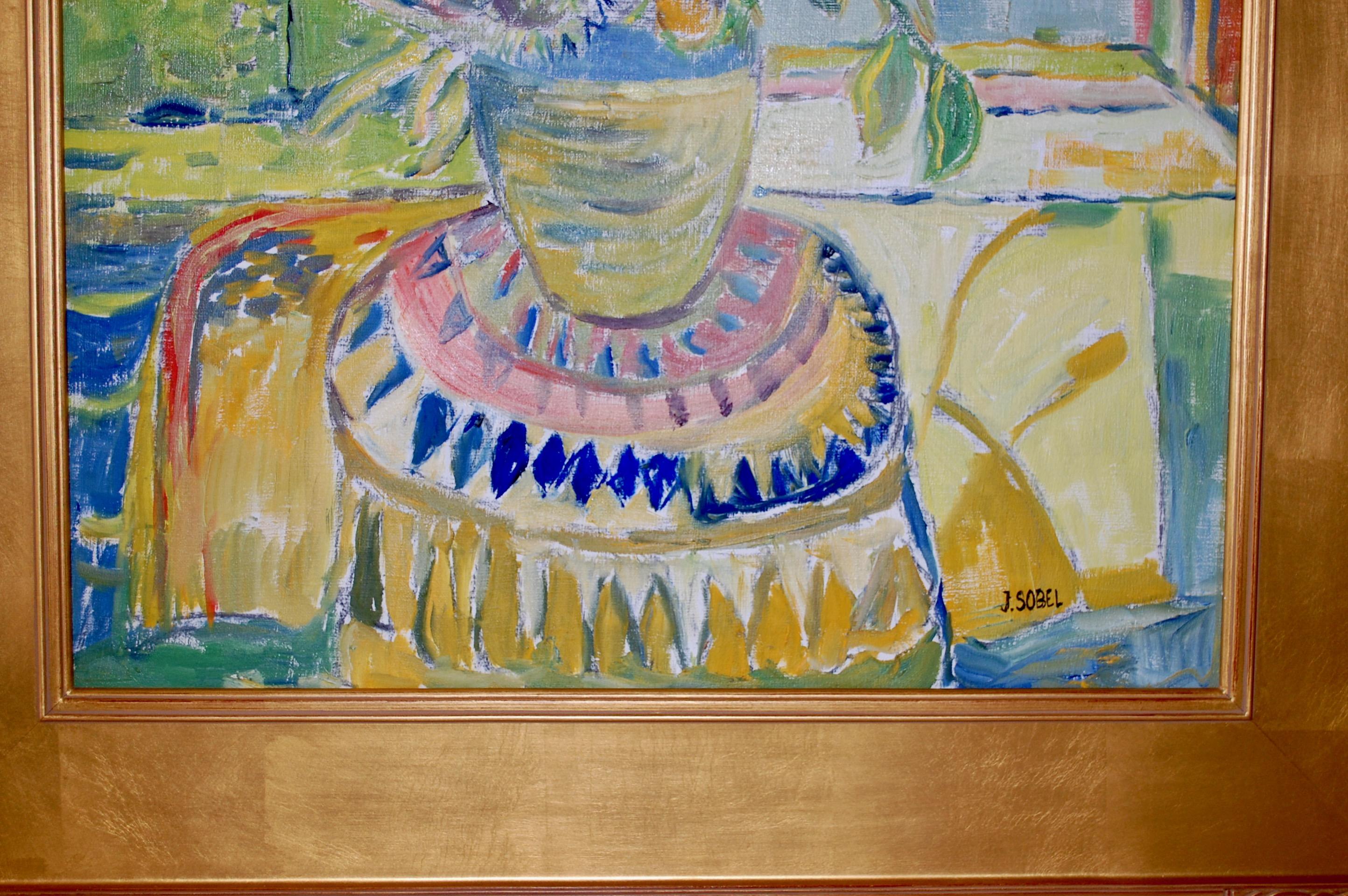 Nature morte aux fleurs rouges près de la fenêtre - Fauvisme Painting par Jehudith Sobel