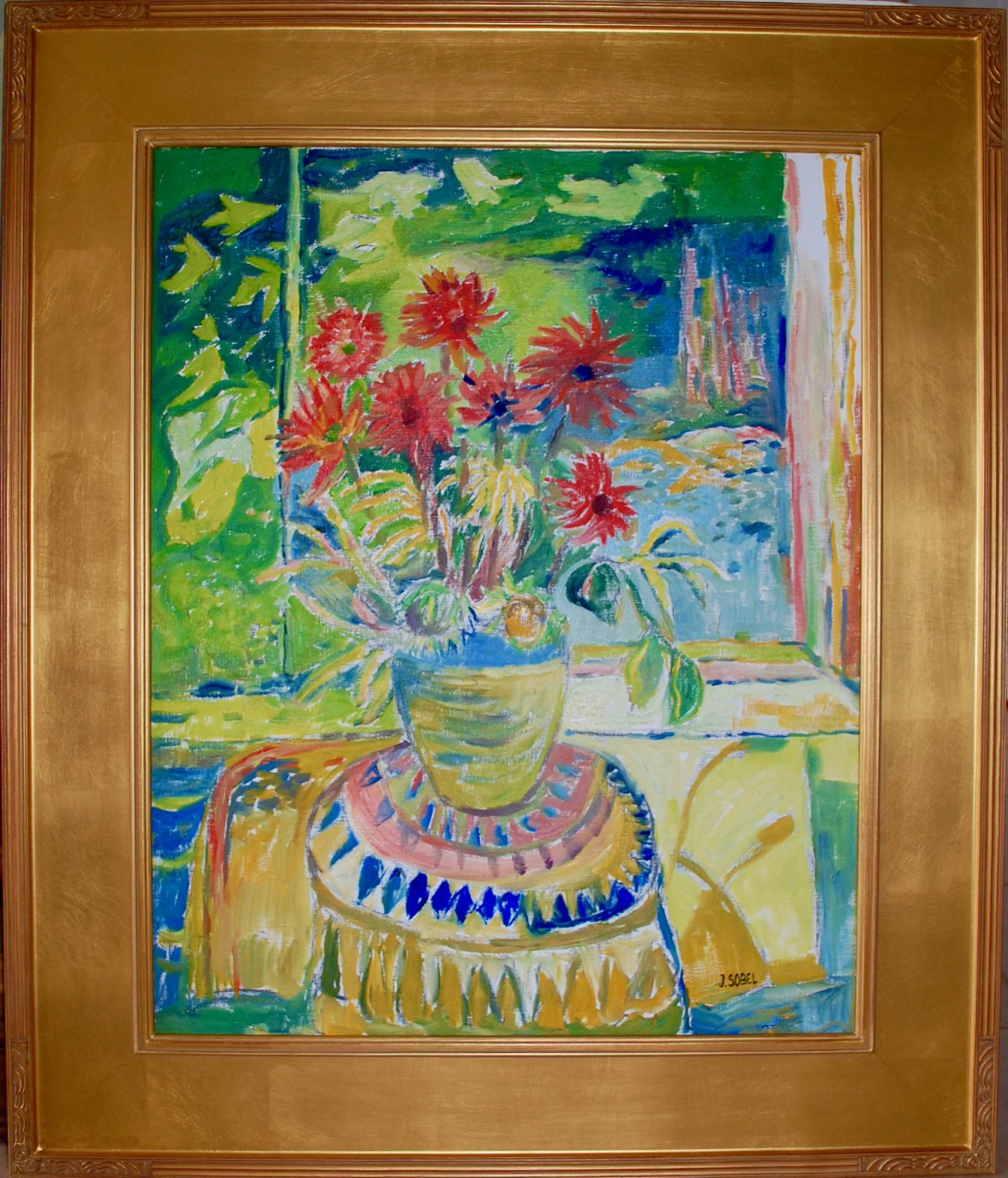 Still-Life Painting Jehudith Sobel - Nature morte aux fleurs rouges près de la fenêtre