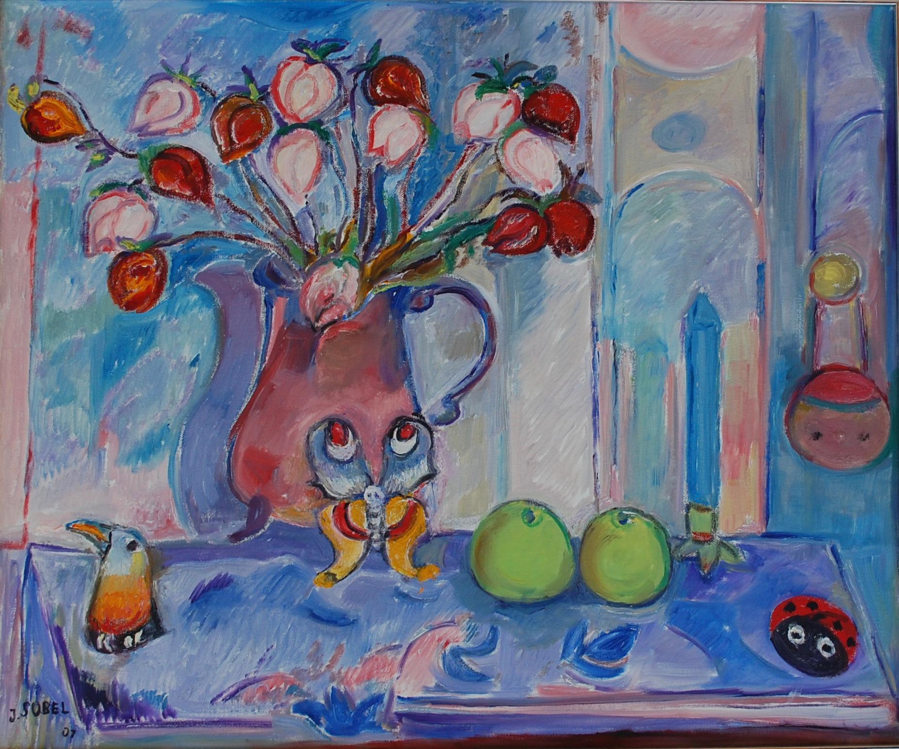 Naturaleza muerta con mariquita y mariposa - Painting de Jehudith Sobel