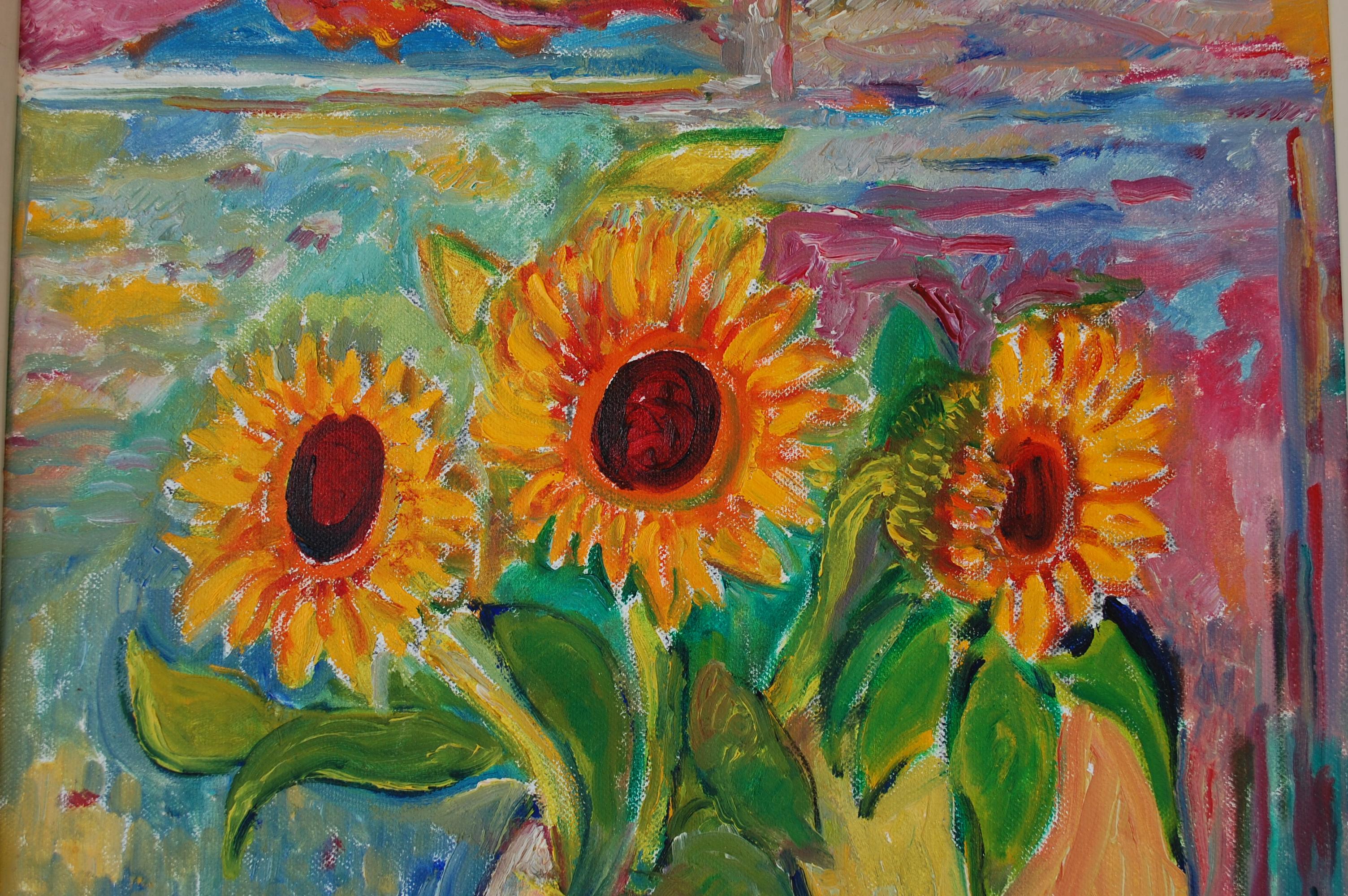 Stillleben mit Sonnenblumen auf dem Tisch  (Fauvismus), Painting, von Jehudith Sobel