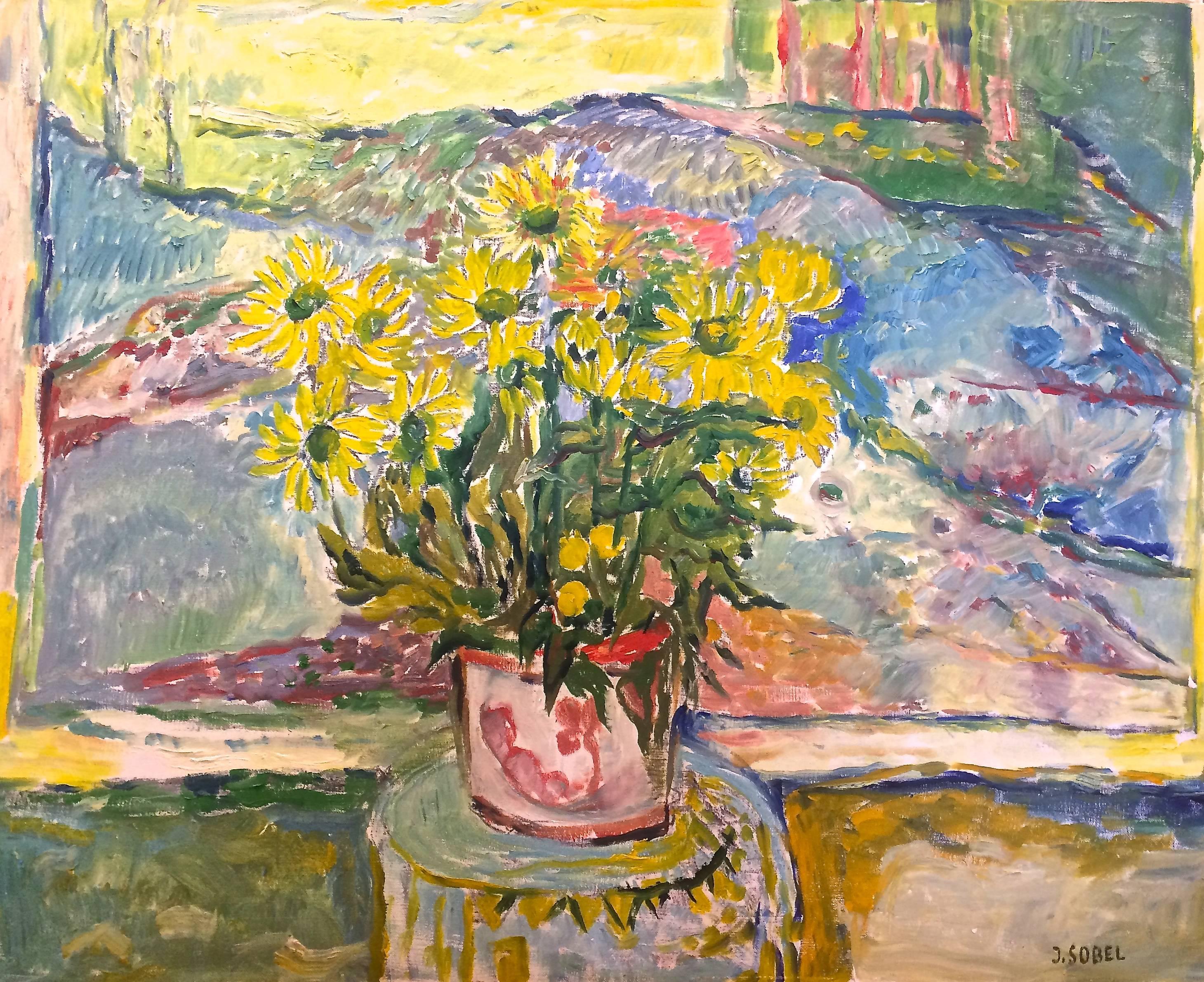   Flower Pot With Yellow Flowers - Painting by Jehudith Sobel