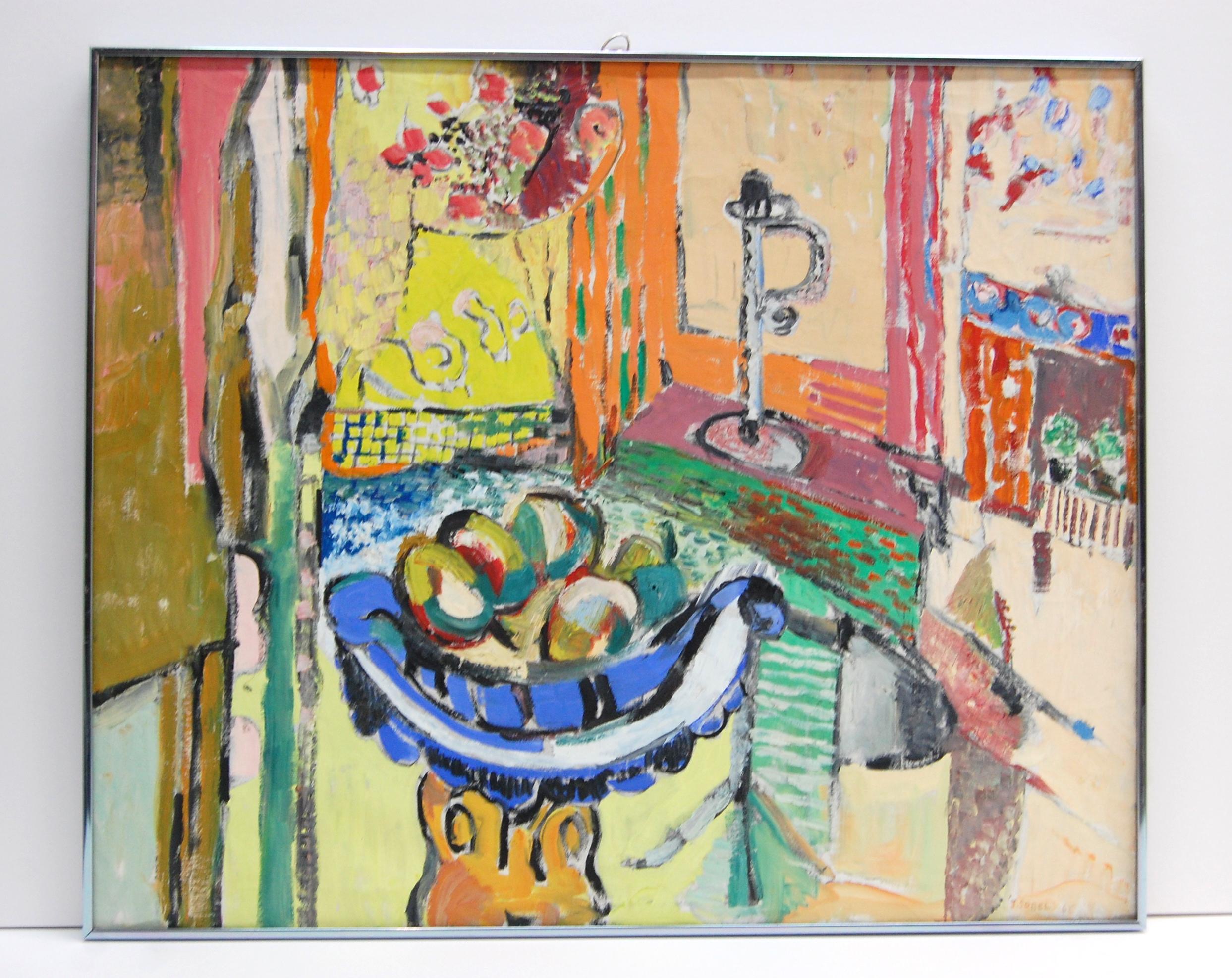 Interni vivaci con la ciotola di frutta Still Life - Painting di Jehudith Sobel