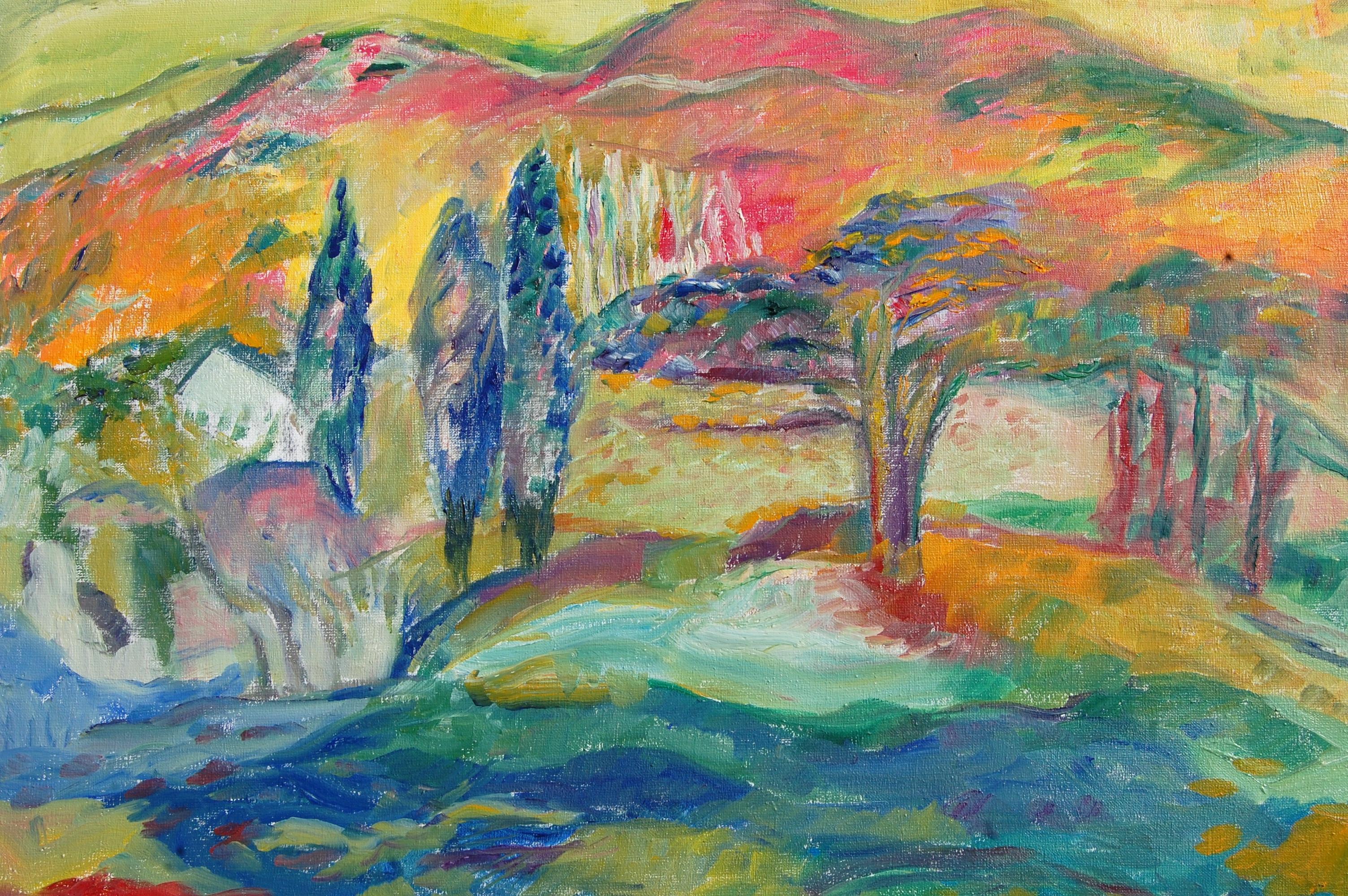 Vibrant Landscape With Mountain View - Painting by Jehudith Sobel