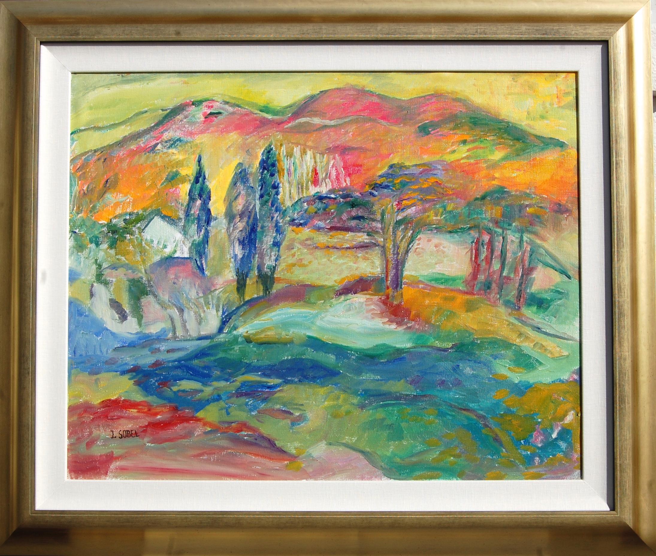Pittura impressionista di paesaggio vibrante con vista sulla montagna - Painting Impressionismo di Jehudith Sobel