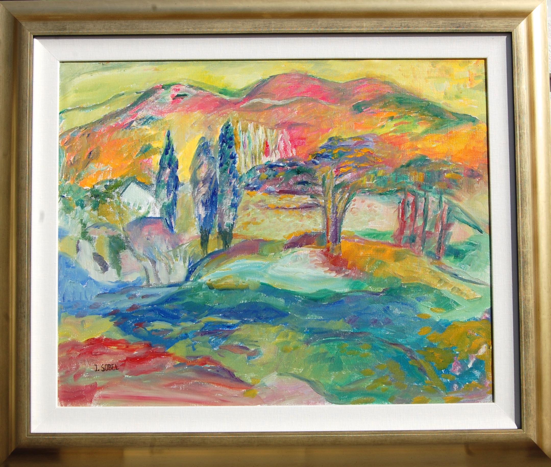 Jehudith Sobel Landscape Painting - Vibrant Landscape With Mountain View