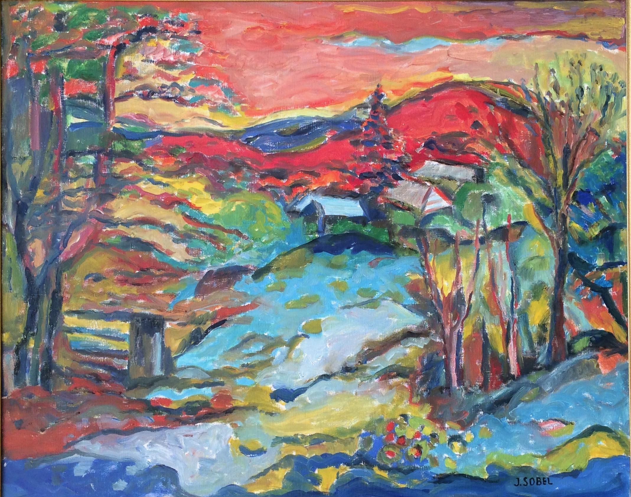 Paisaje Vibrante Con Vista A Las Montañas - Painting de Jehudith Sobel
