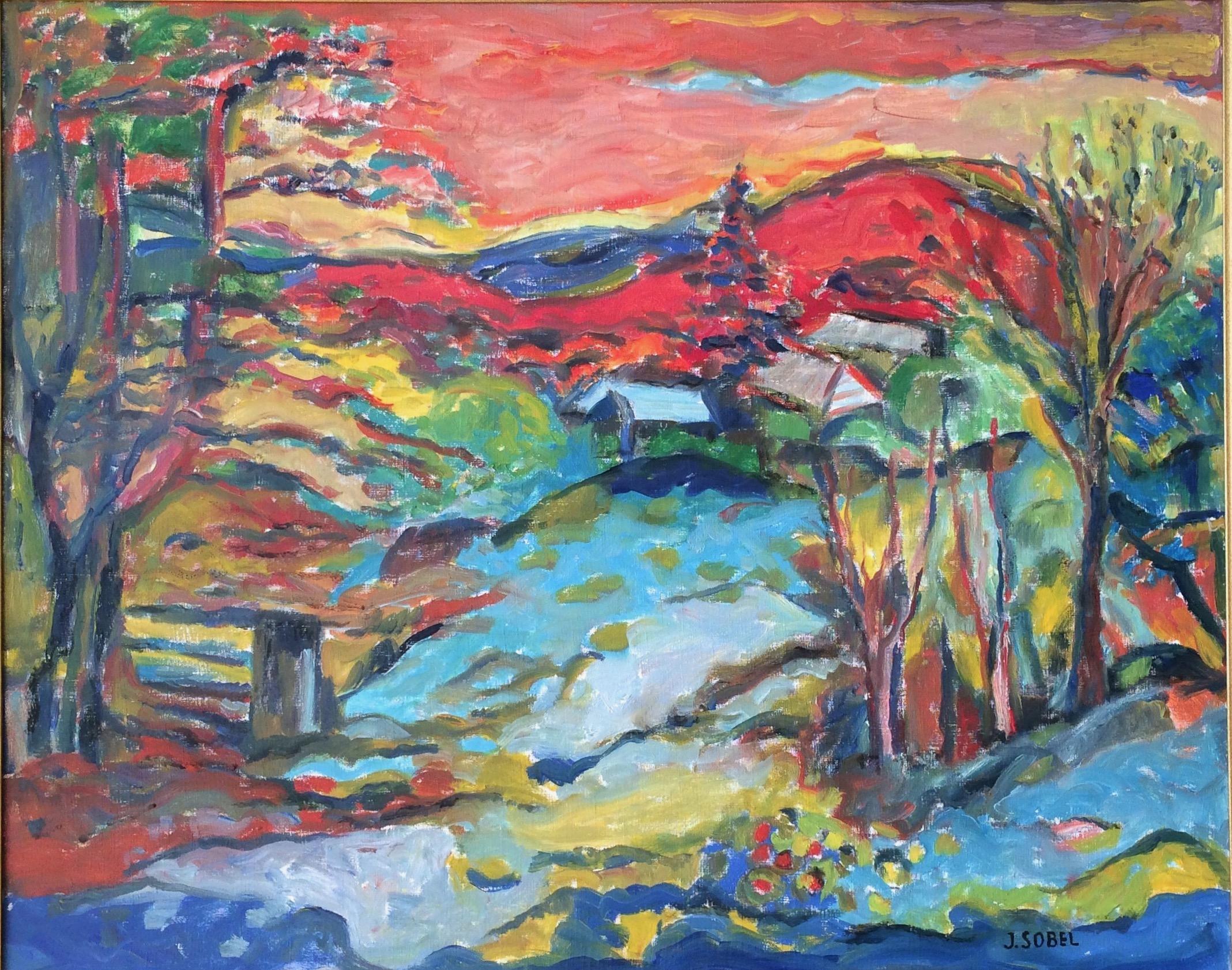 Lebendige Landschaft mit Bergansicht  – Painting von Jehudith Sobel