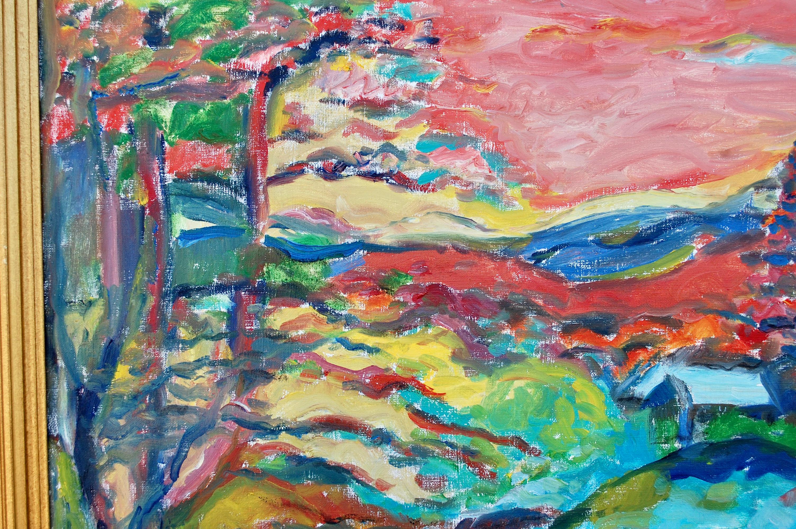 Lebendige Landschaft mit Bergansicht  (Braun), Landscape Painting, von Jehudith Sobel