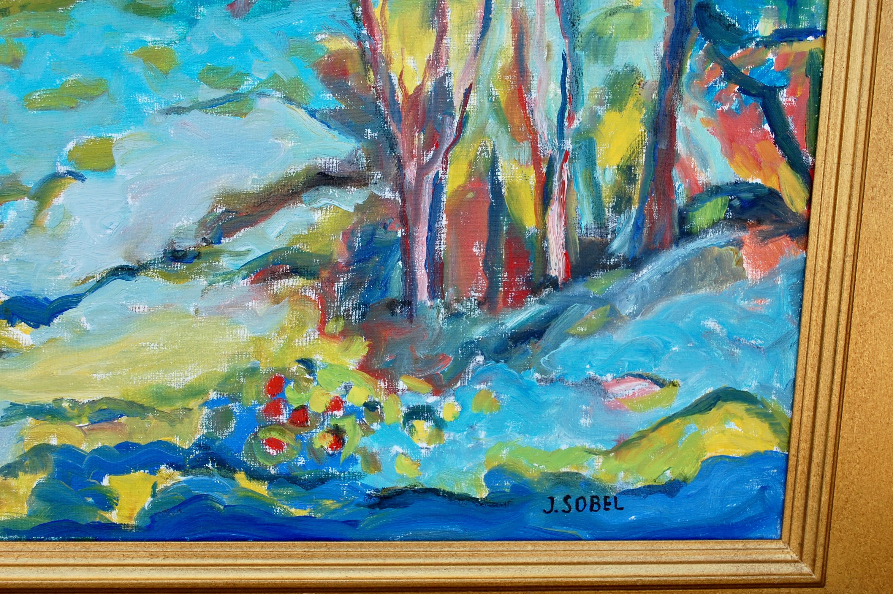Paysage vibrant avec vue sur les montagnes  - Marron Landscape Painting par Jehudith Sobel