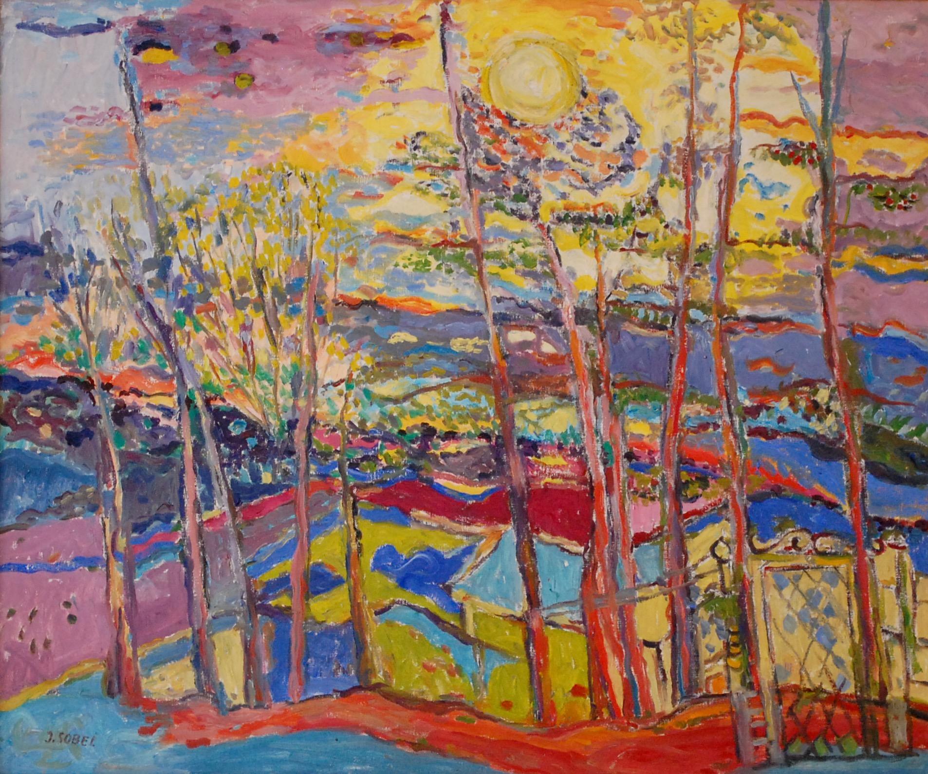 Paisaje vibrante con sol - Painting de Jehudith Sobel