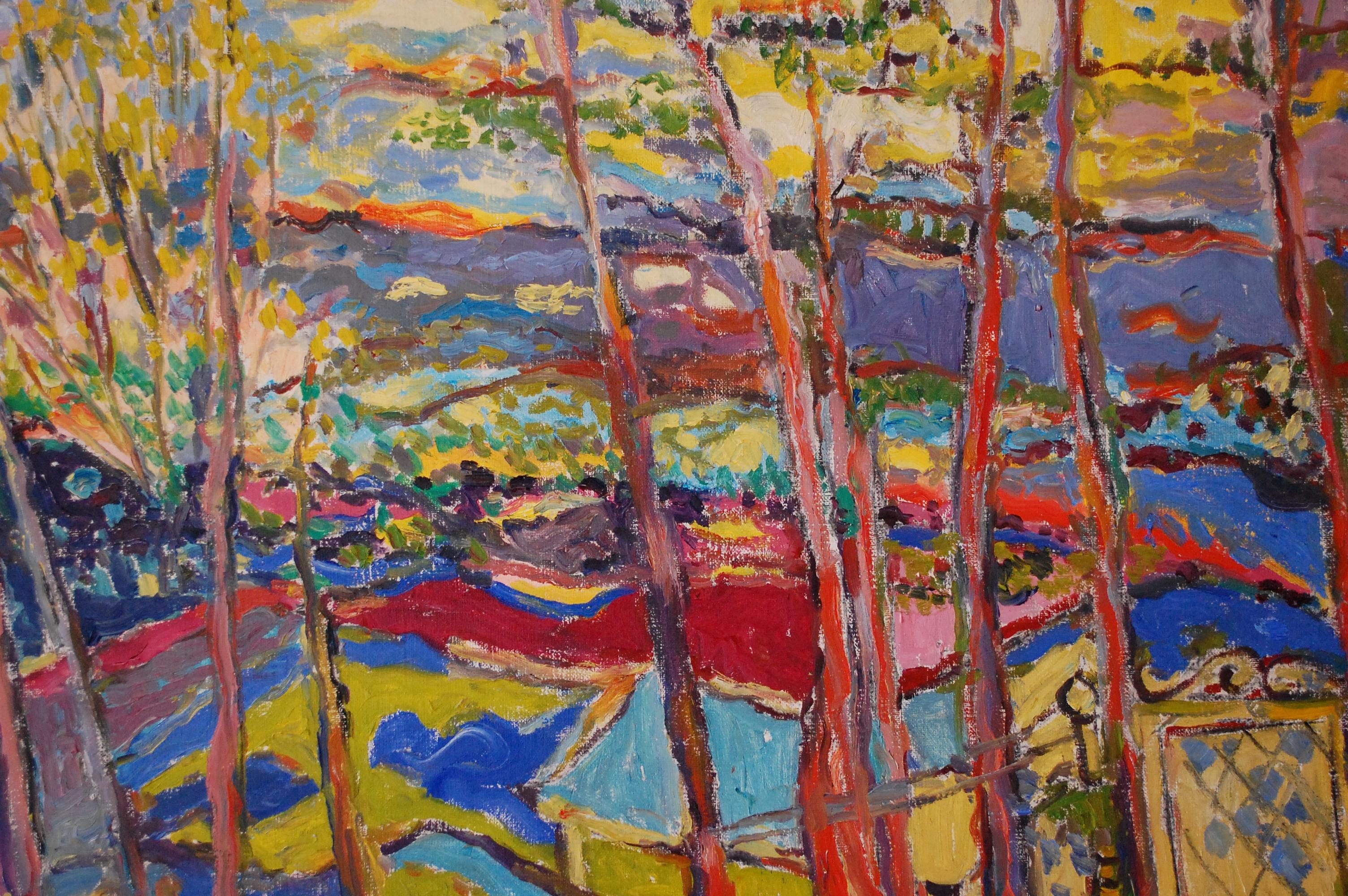 Paisaje vibrante con sol - Painting Fauvista de Jehudith Sobel