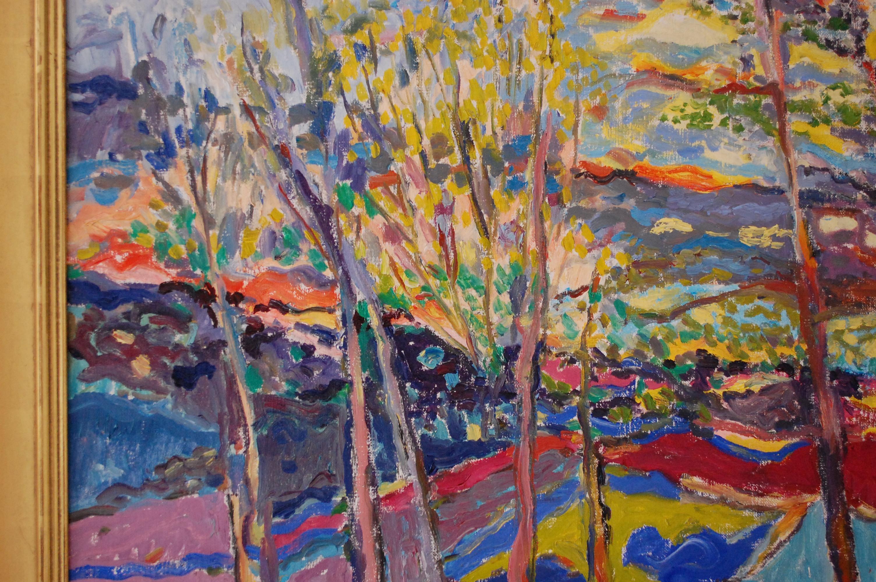 Paisaje vibrante con sol - Landscape Painting Marrón de Jehudith Sobel