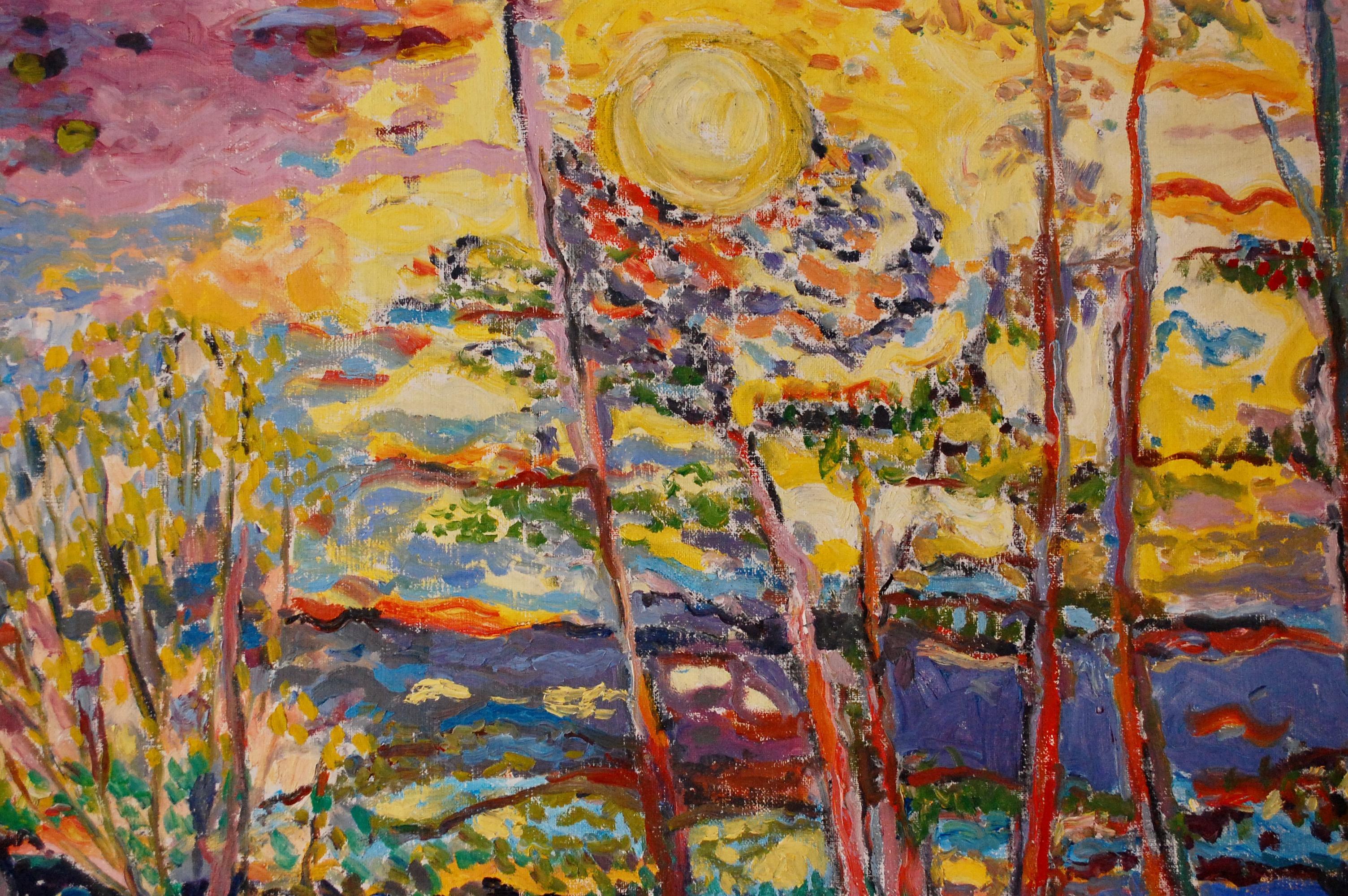 Paisaje Vibrante con Sol.
 Artista firmado en la esquina inferior derecha, óleo sobre lienzo 36 