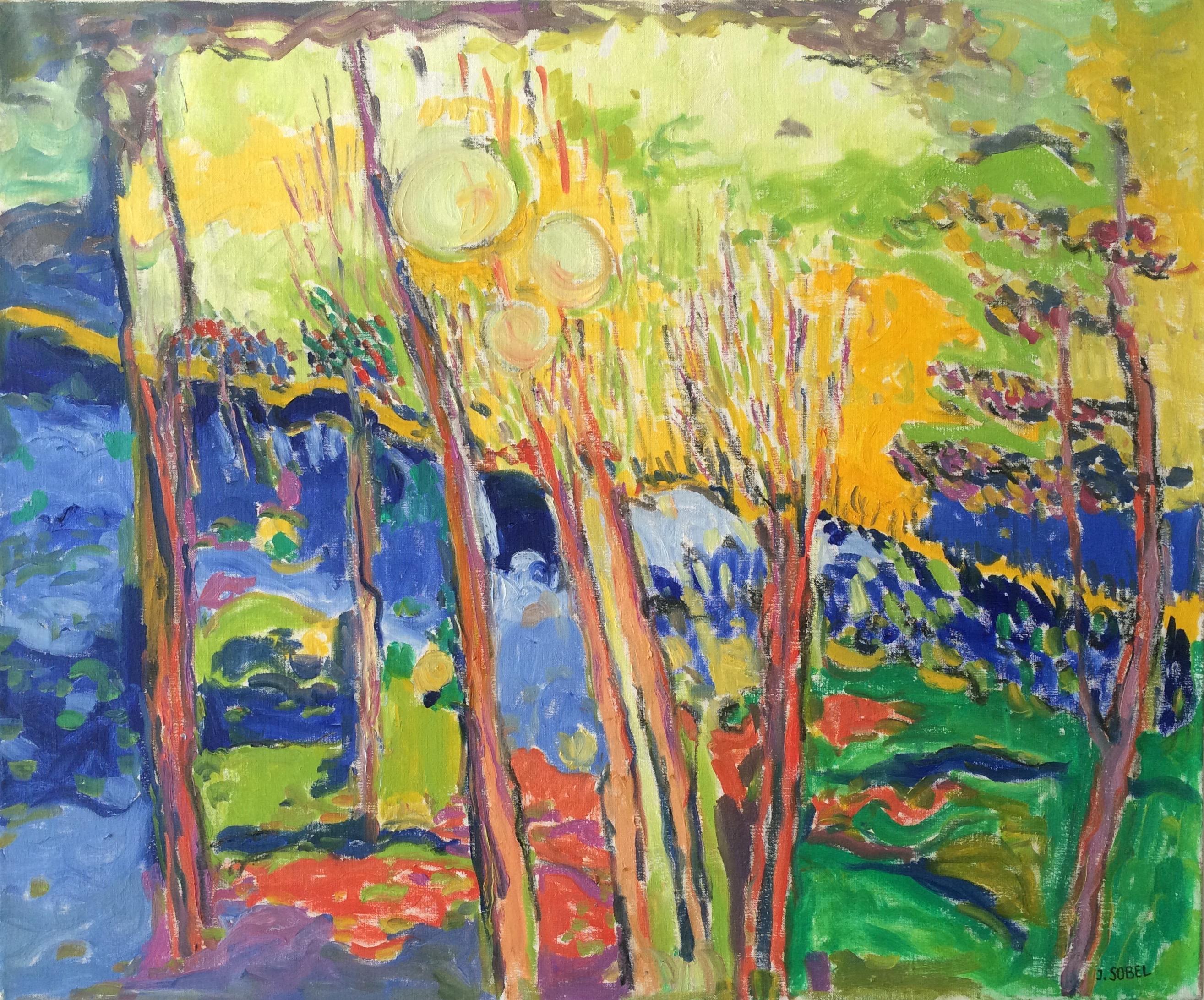 Vibrant Landscape With Suns Fauvist Style Oil on Canvas 1960s
