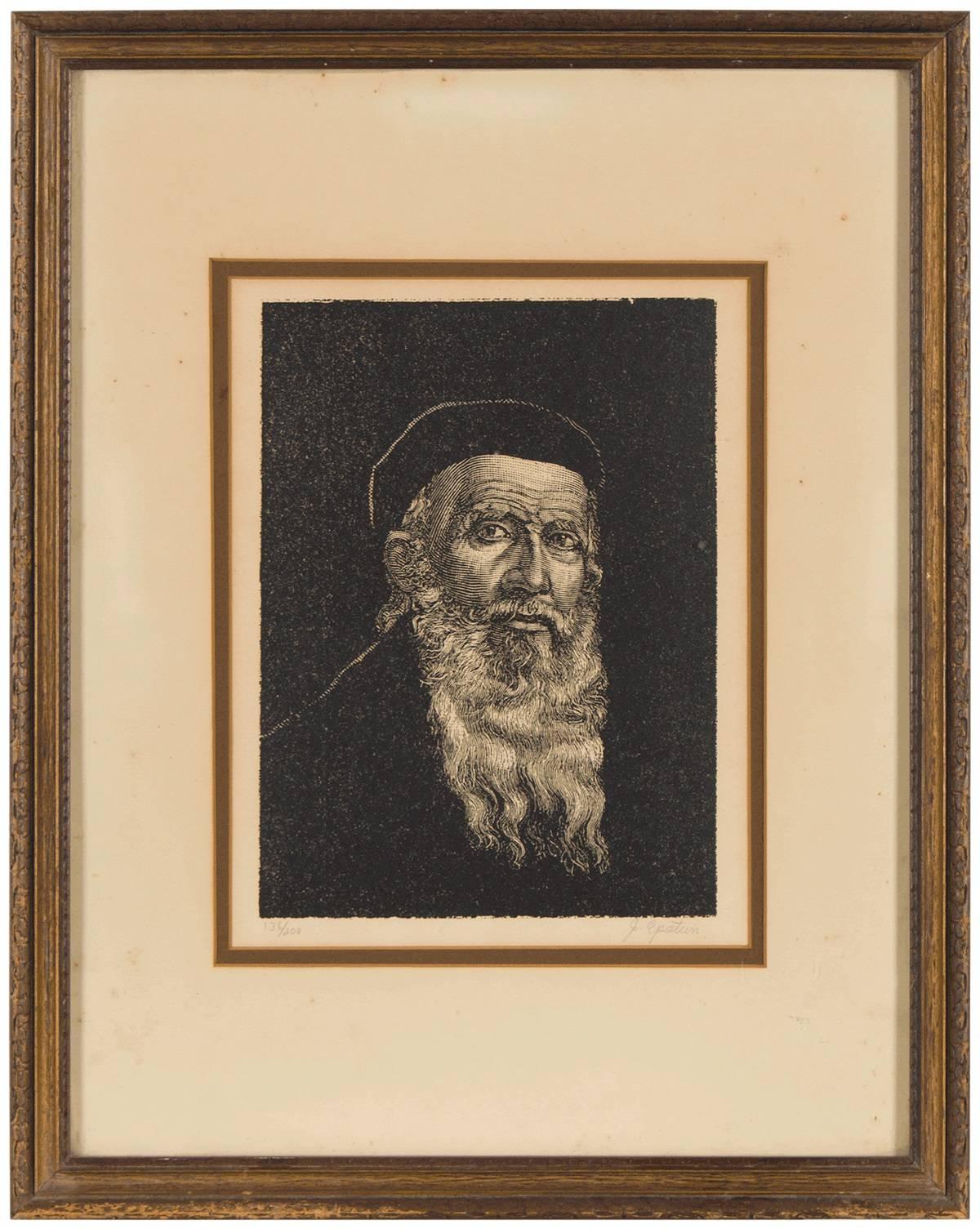 Portrait of a Rabbi, Judaica Print - Black Figurative Print by Jehudo Epstein