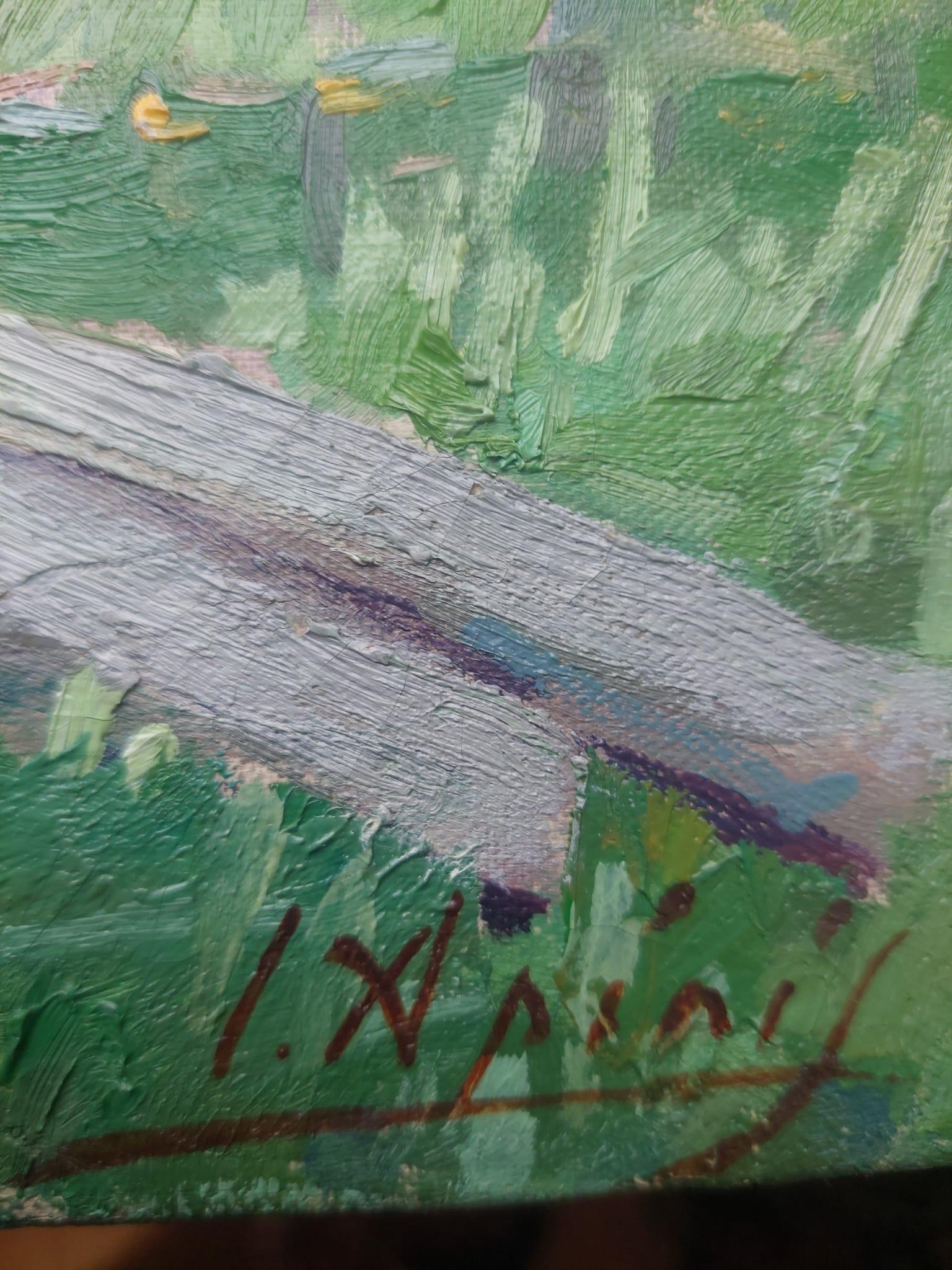 Matinée d'été au village , Huile sur toile, 45x55 cm - Painting de Jekabs Apinis