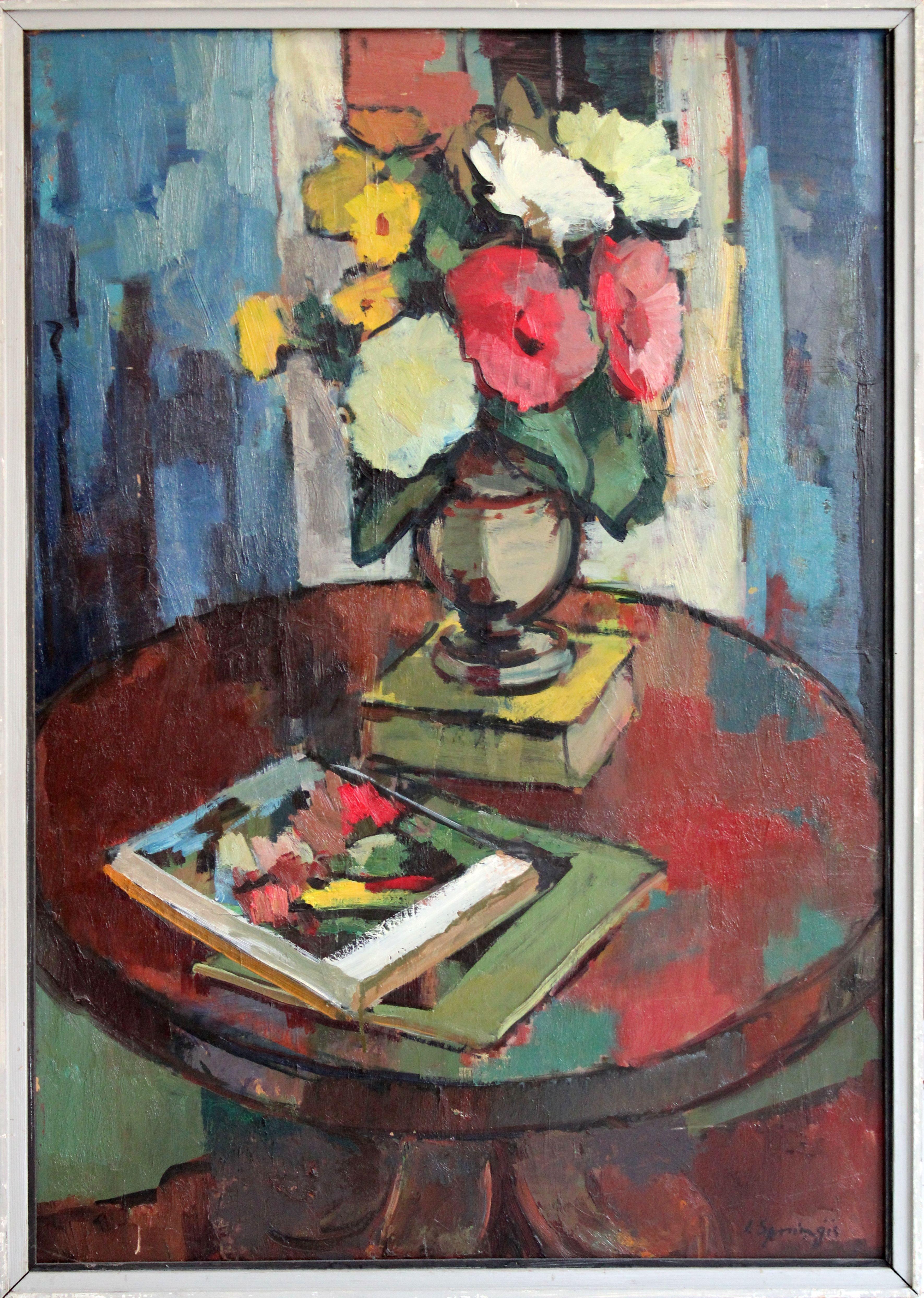 Flores y libros. 1986, óleo sobre cartón, 100x70 cm - Painting Impresionista de Jekabs Arturs Springis 