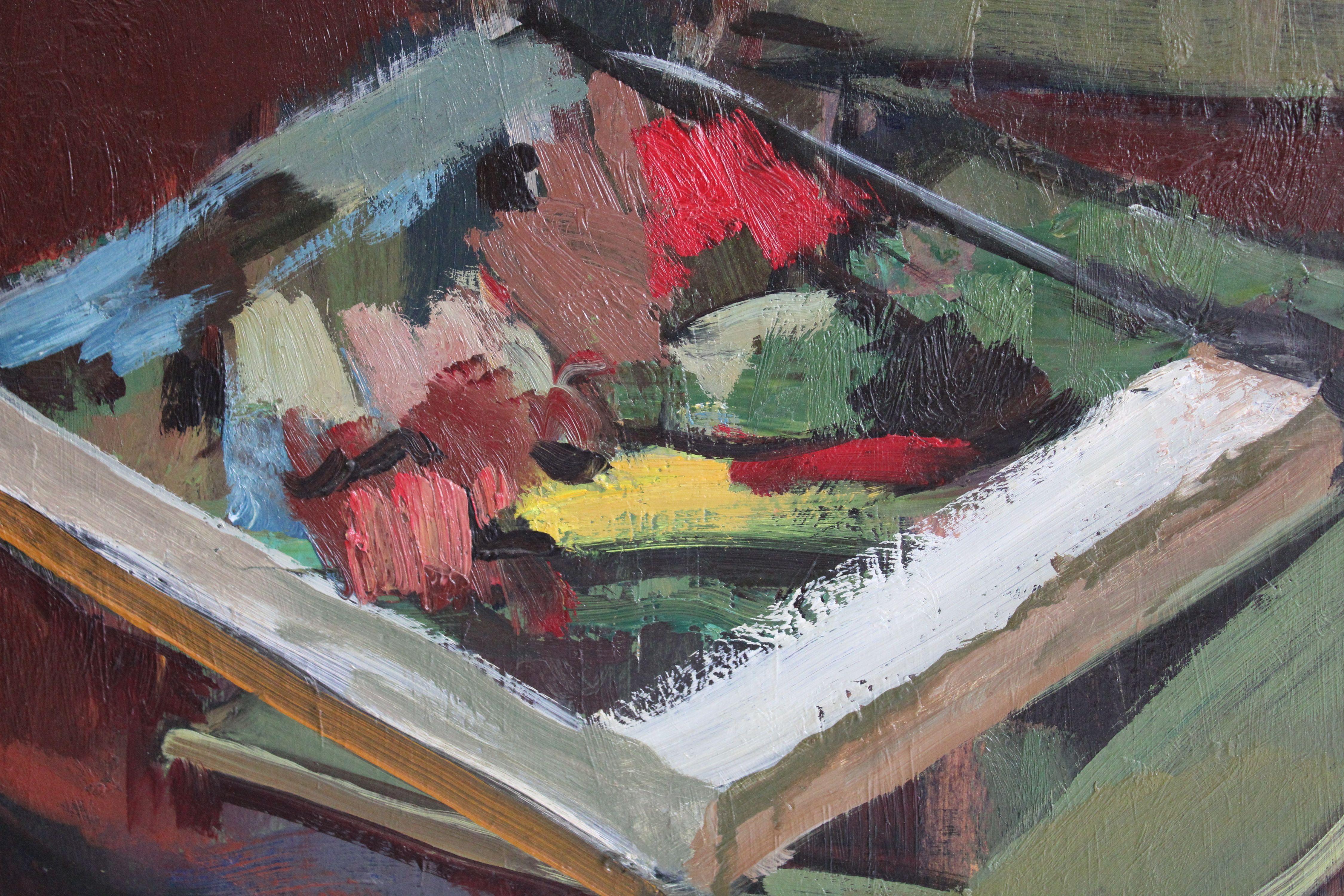 Flores y libros. 1986, óleo sobre cartón, 100x70 cm en venta 2