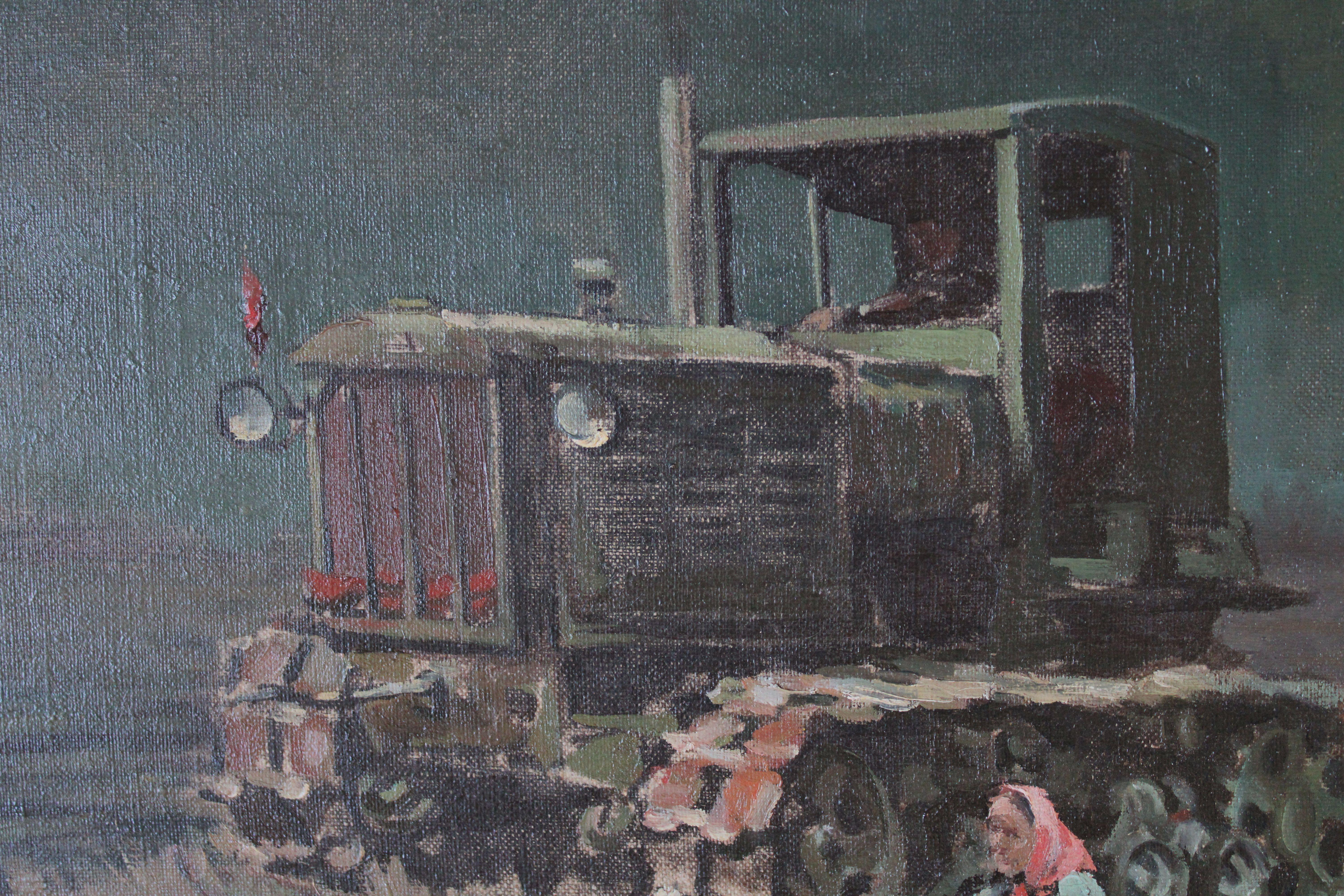Afternoon. Workers with tractor by the river. Oil on canvas, 60, 5x78, 5 cm For Sale 7