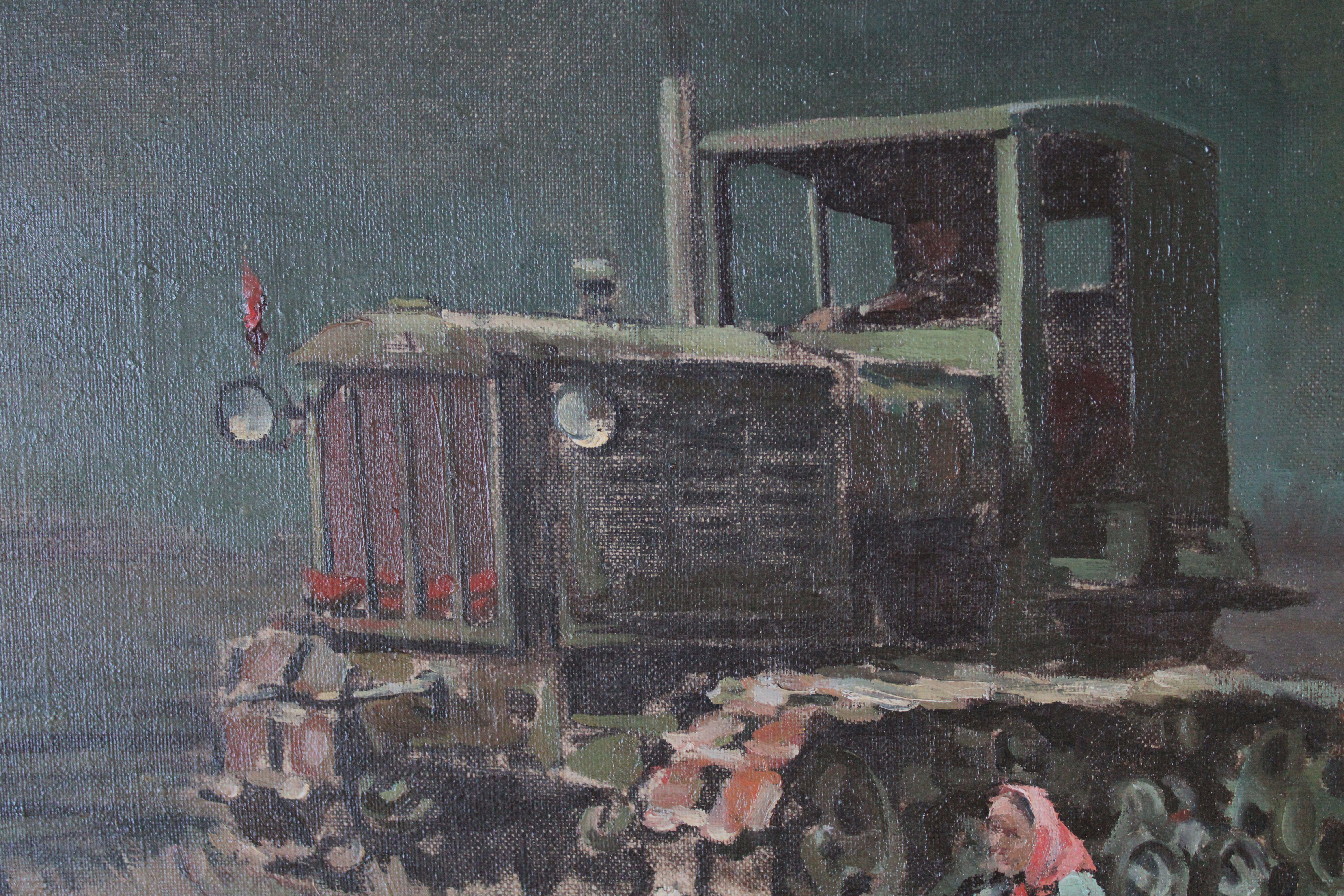 Pomeriggio. Lavoratori con il trattore vicino al fiume. Olio su tela, 60, 5x78, 5 cm in vendita 8