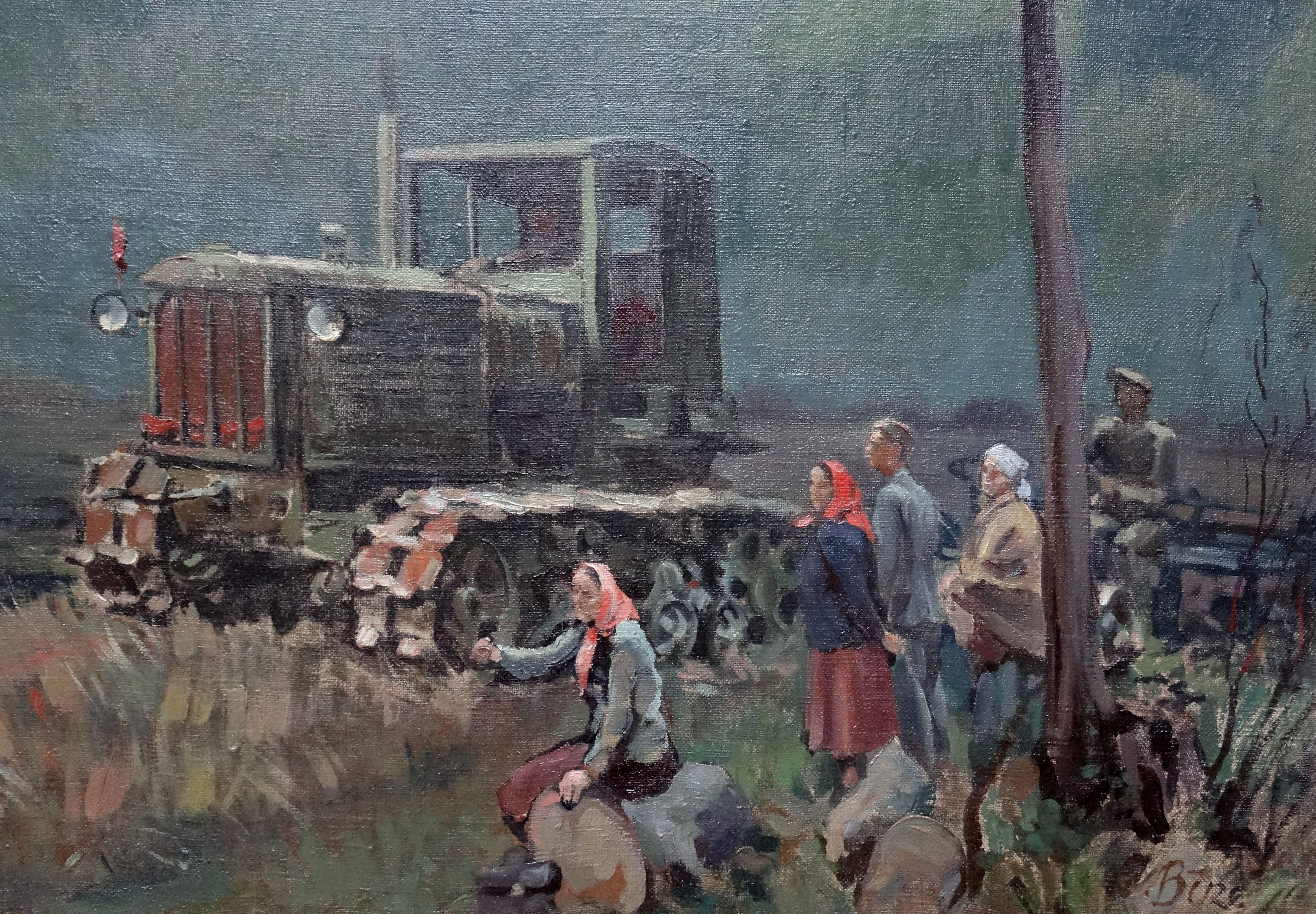 Afternoon. Workers with tractor by the river. Oil on canvas, 60, 5x78, 5 cm - Painting by Jekabs Bine  