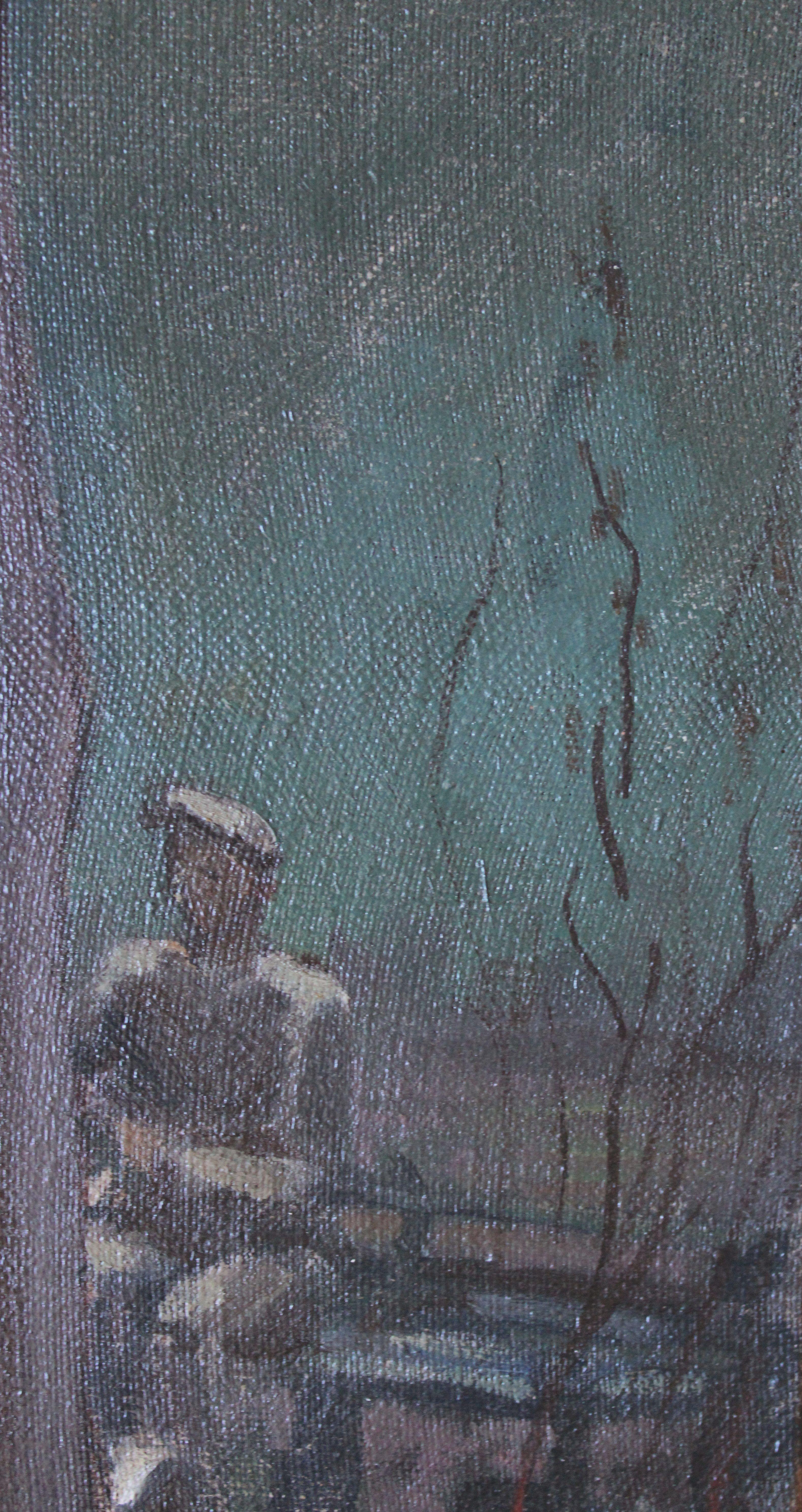 Afternoon. Workers with tractor by the river. Oil on canvas, 60, 5x78, 5 cm For Sale 3