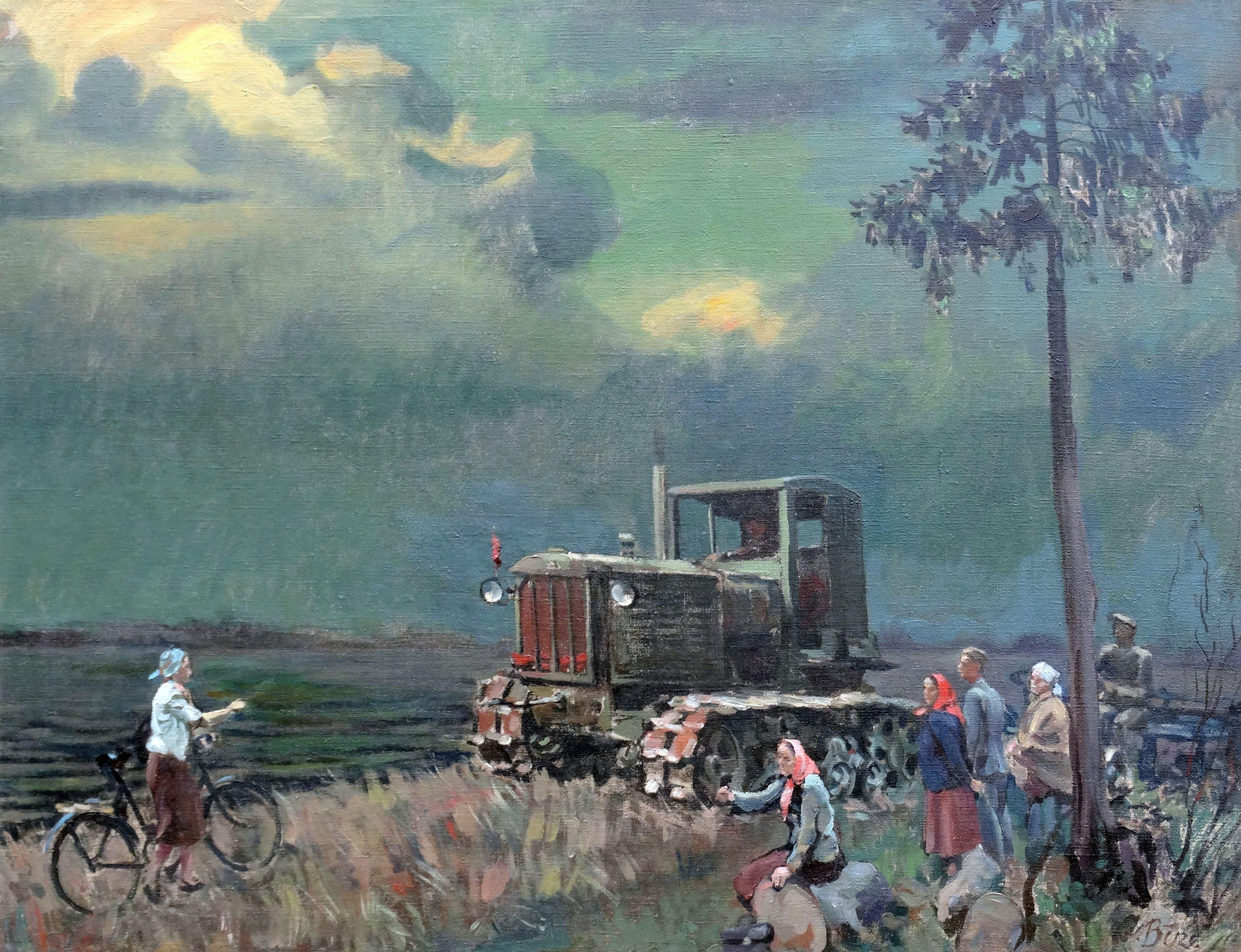 Figurative Painting di Jekabs Bine   - Pomeriggio. Lavoratori con il trattore vicino al fiume. Olio su tela, 60, 5x78, 5 cm